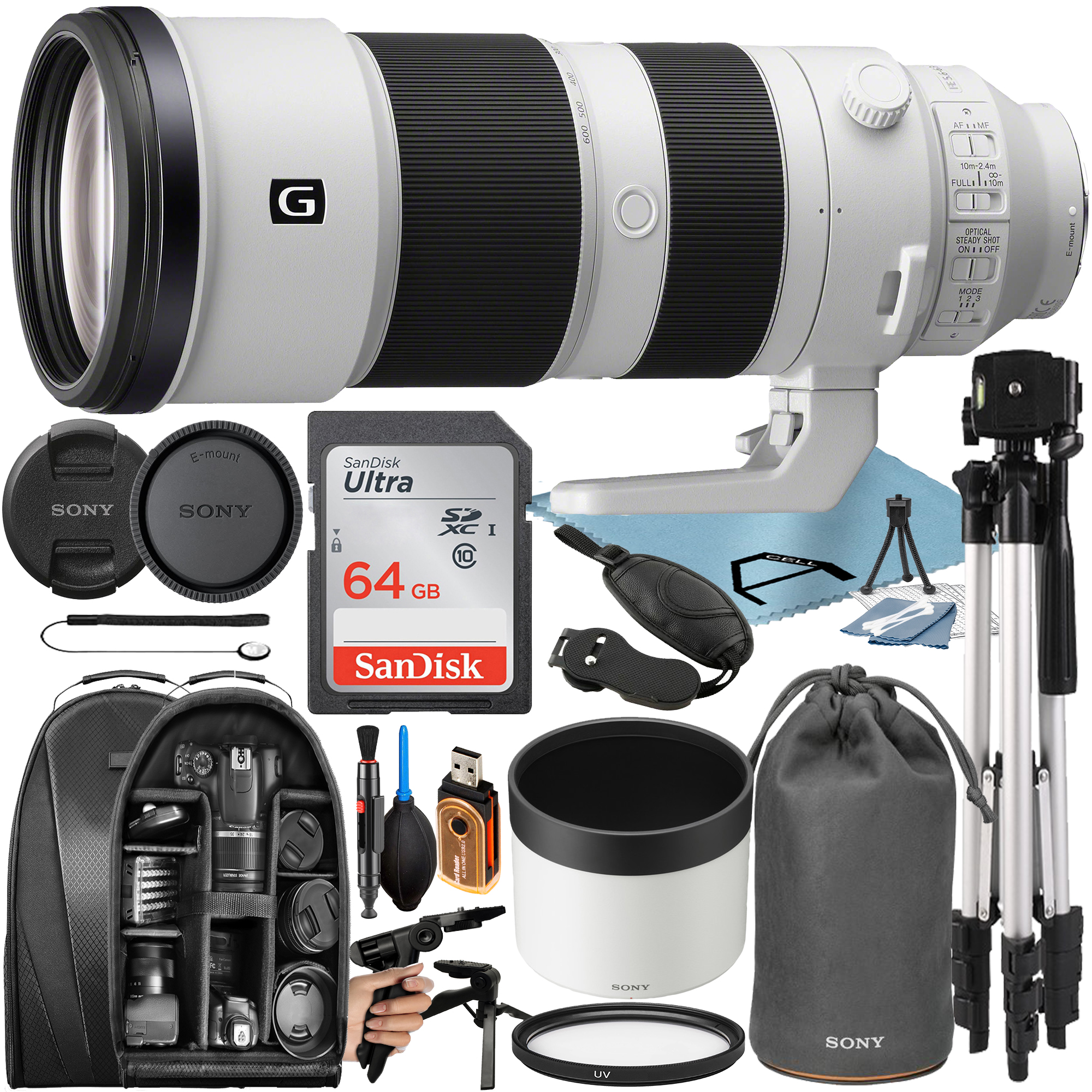 Sony FE 200-600mm F/5.6-6.3 G OSS Lens with 64GB SanDisk Memory Card + Tripod + Backpack + A-Cell Accessory Bundle
