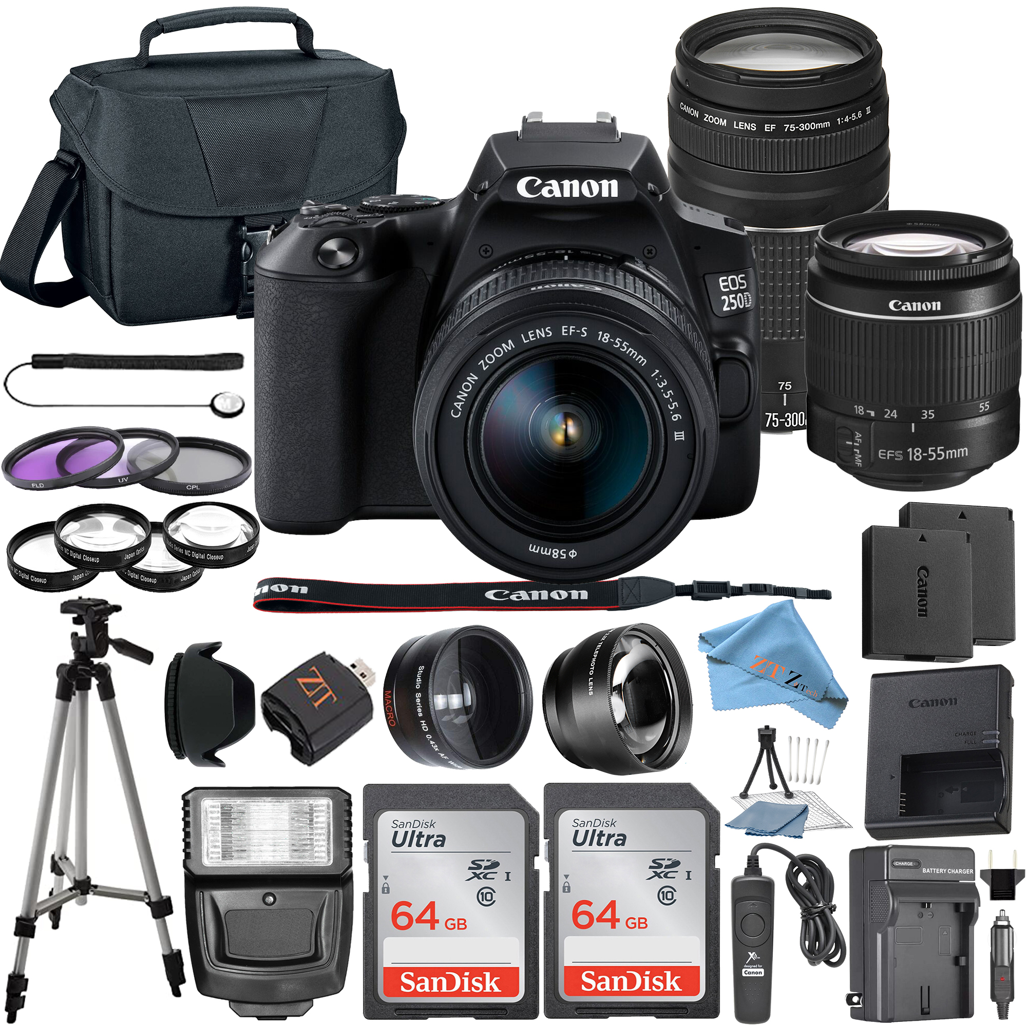 Canon EOS 250D / Rebel SL3 DSLR Camera with 18-55mm + 75-300mm Lens + 2 Pcs SanDisk 64GB Memory + Tripod + Case + ZeeTech Kit