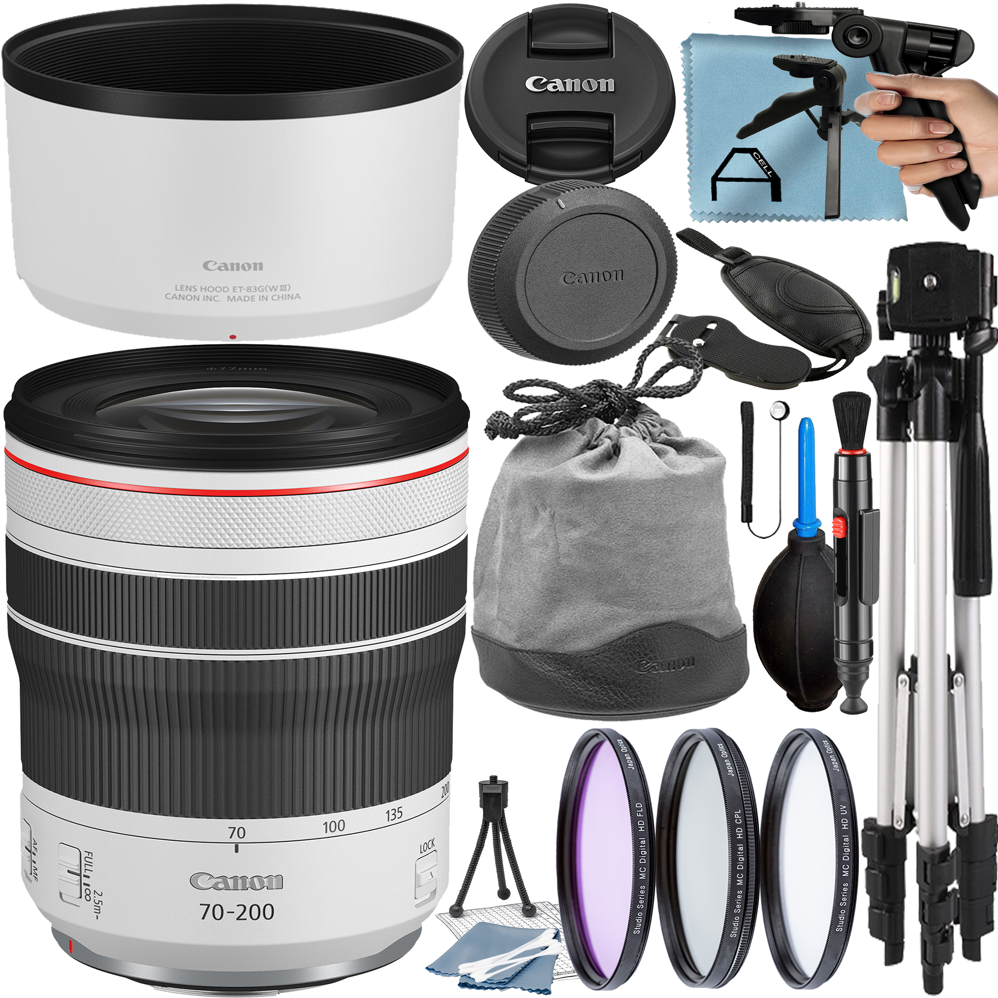 Canon RF 70-200mm F/4L IS USM Telephoto Zoom Lens with Tripod + 3 Pieces Filter + A-Cell Accessory Bundle
