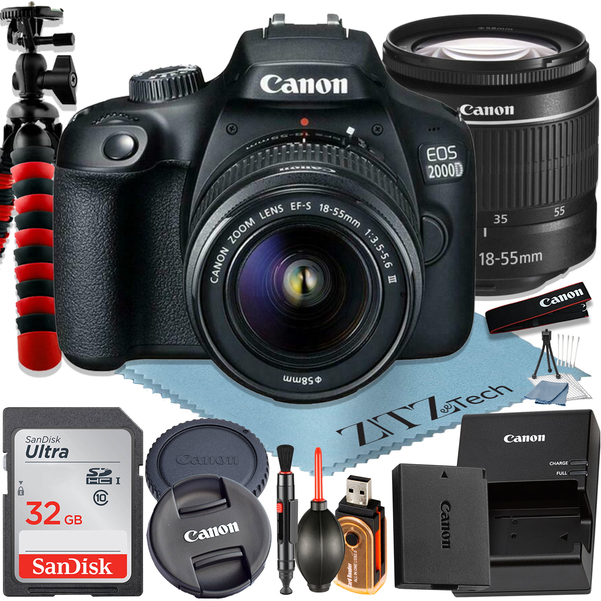 Canon EOS 2000D / Rebel T7 DSLR Camera 24.1MP CMOS Sensor with EF-S 18-55mm Zoom Lens + SanDisk 32GB Memory Card + Tripod + ZeeTech Accessory Bundle