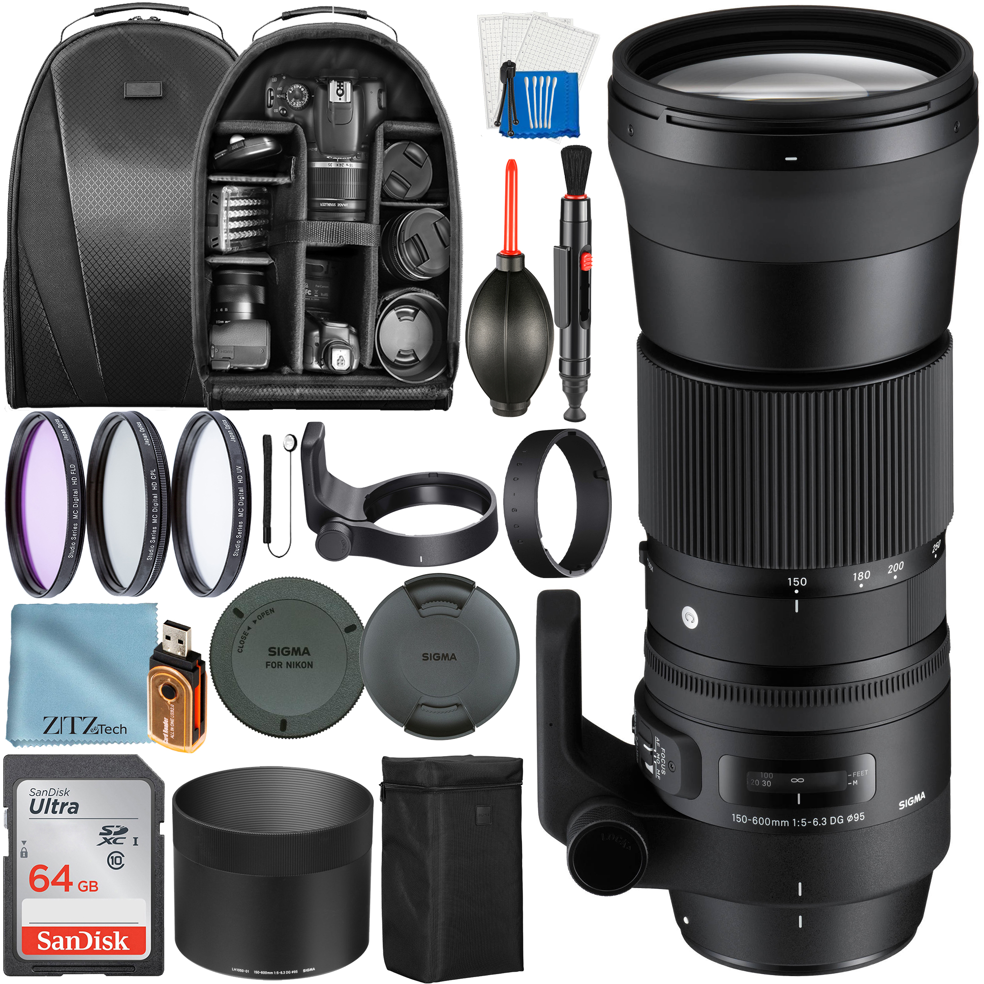 Sigma 150-600mm f/5-6.3 DG OS HSM Contemporary Lens for Nikon F with SanDisk 64GB Card + Case + Filter + ZeeTech Accessory