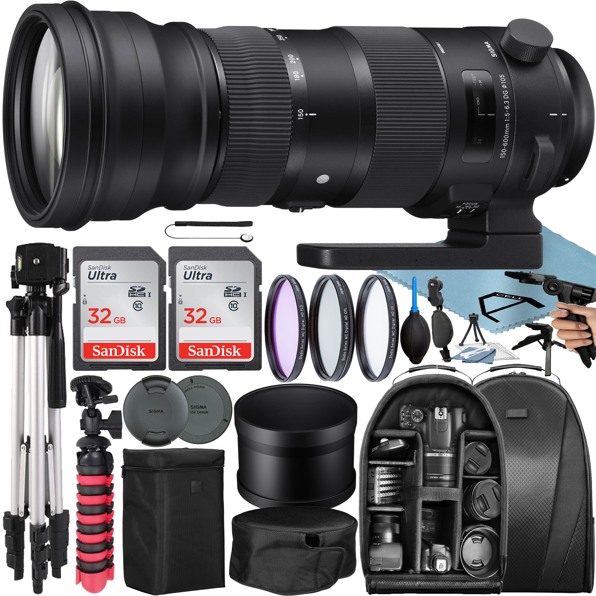 Sigma 150-600mm F/5-6.3 DG OS HSM Sports Lens for Canon EF with 2 Pack 32GB SanDisk Memory Card + Tripod + Backpack + A-Cell Accessory Bundle