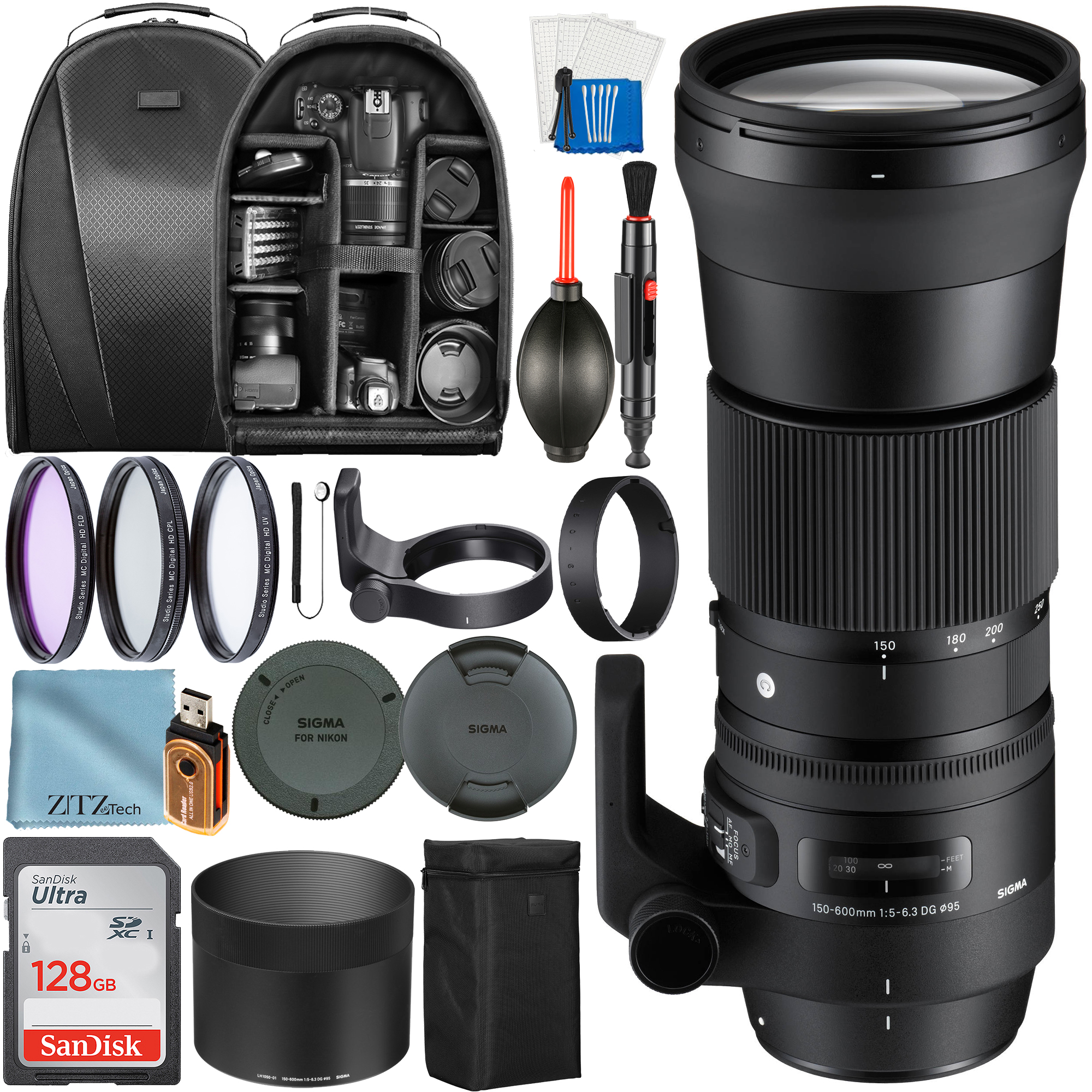 Sigma 150-600mm f/5-6.3 DG OS HSM Contemporary Lens for Nikon F with SanDisk 128GB Card + Case + Filter + ZeeTech Accessory