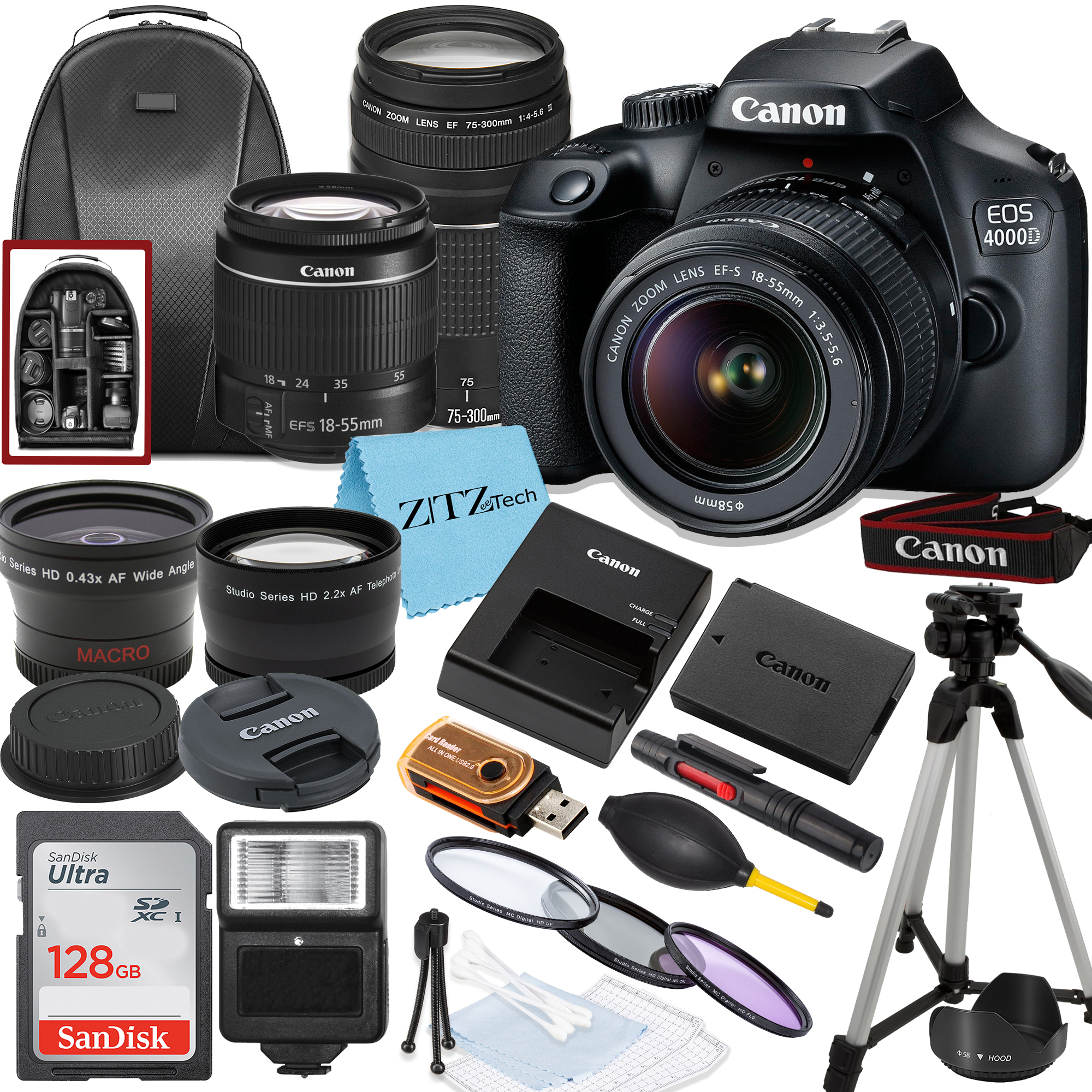 Canon EOS Rebel T100 / 4000D DSLR Camera with 18-55mm, 75-300mm Lens, SanDisk 128GB Memory, Tripod, Backpack and ZeeTech Bundle