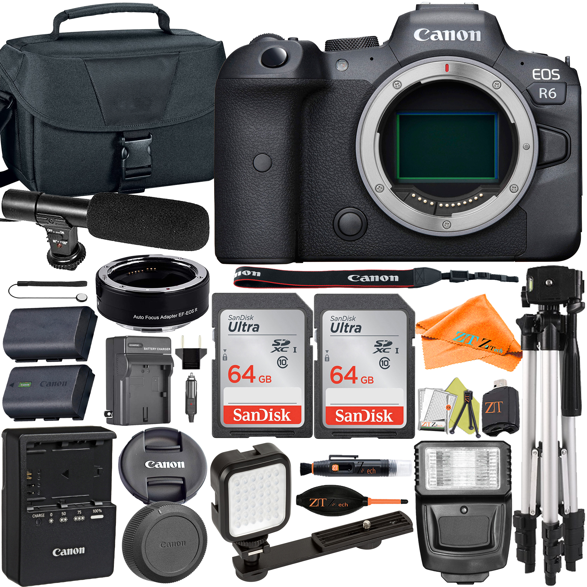 Canon EOS R6 Mirrorless Digital Camera (Body Only) with Mount Adapter + Microphone + 2 Pack SanDisk 64GB + Case + ZeeTech Accessory