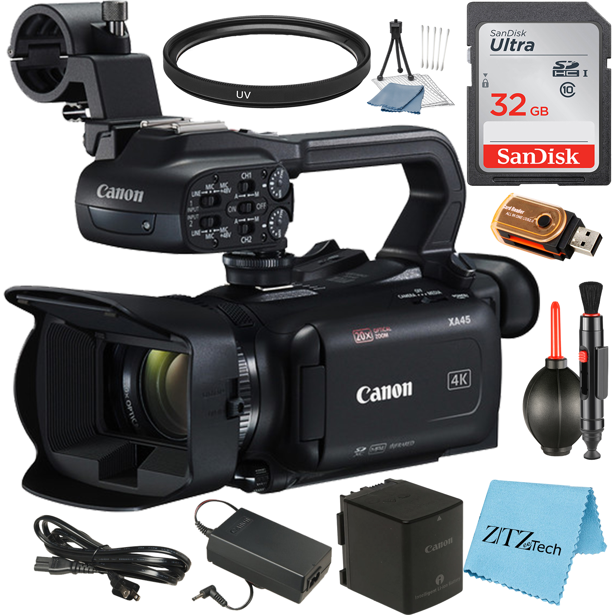Canon XA45 Professional UHD 4K Video Camcorder + 32GB SanDisk Memory Card + UV Fliter + ZeeTech Accessory Bundle