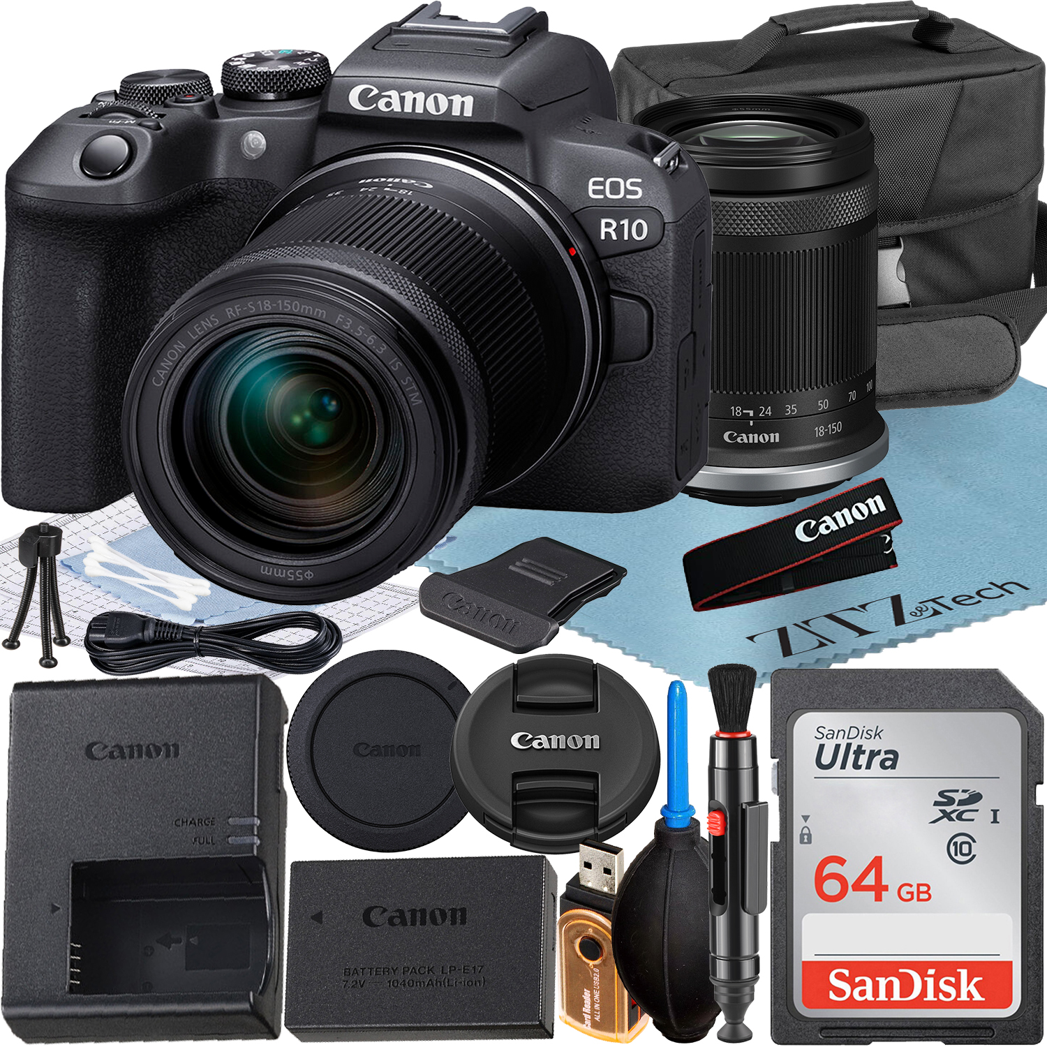 Canon EOS R10 Mirrorless Camera with RF-S 18-150mm Lens + SanDisk 64GB Memory Card + Case + ZeeTech Accessory Bundle