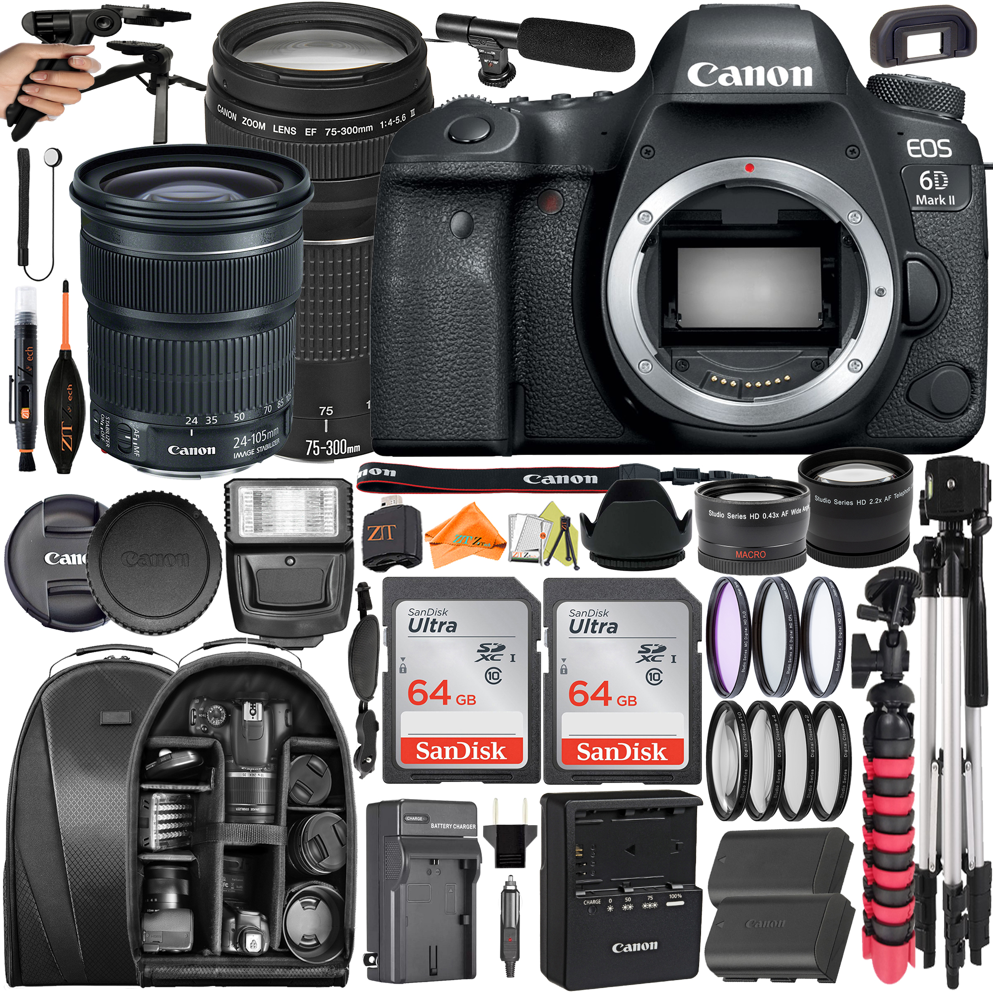 Canon EOS 6D Mark II DSLR Camera with 24-105mm + 75-300mm Lens + 2 Pack SanDisk 64GB + Backpack + ZeeTech Accessory Bundle