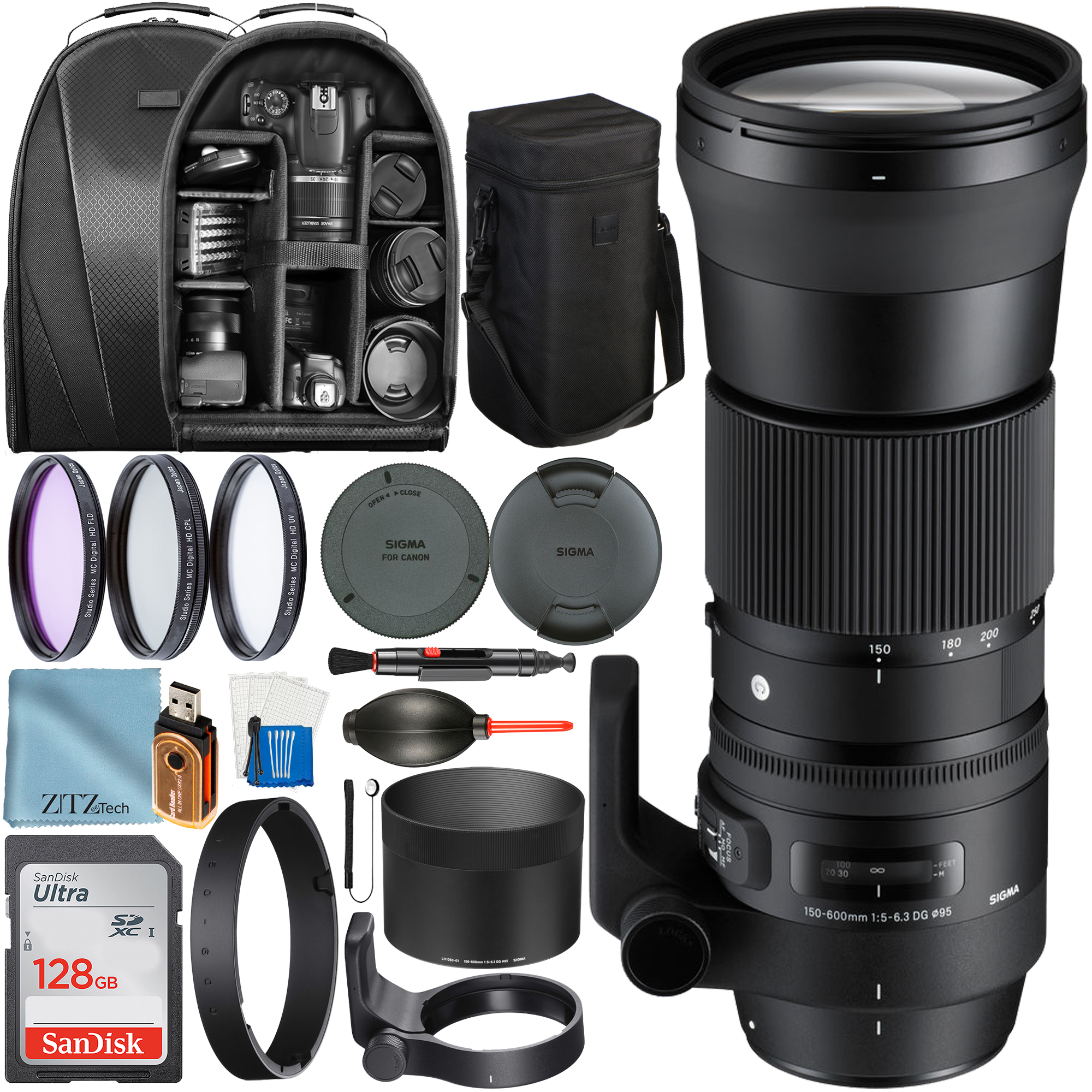 Sigma 150-600mm f/5-6.3 DG OS HSM Contemporary Lens for Canon EF with SanDisk 128GB Card + Backpack + Filter + ZeeTech Accessory