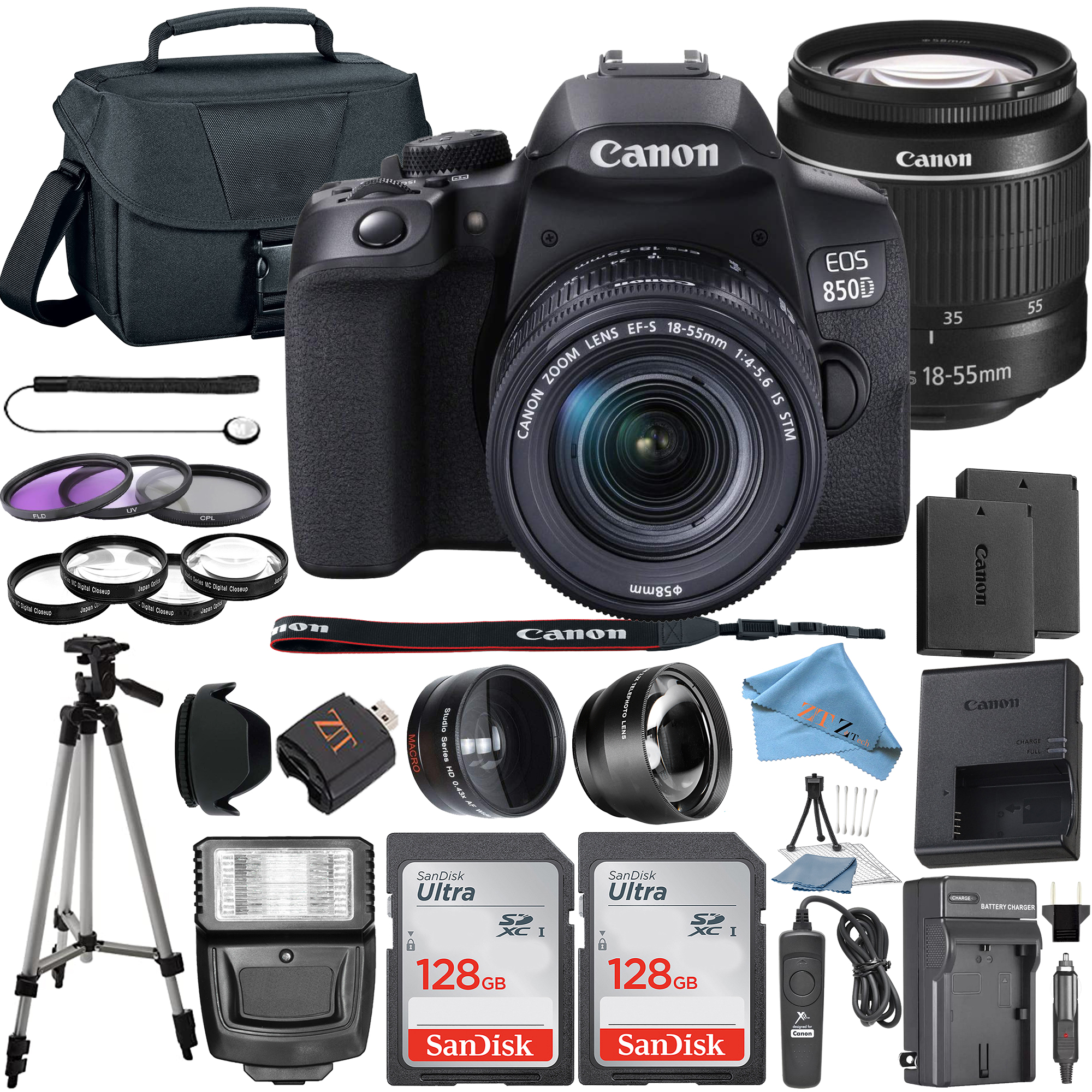 Canon EOS 850D / Rebel T8i DSLR Camera Bundle with 18-55mm Lens + 2 Pcs SanDisk 128GB Memory Cards + Tripod + Deluxe Camera Case + Flash + ZeeTech Accessory Kit