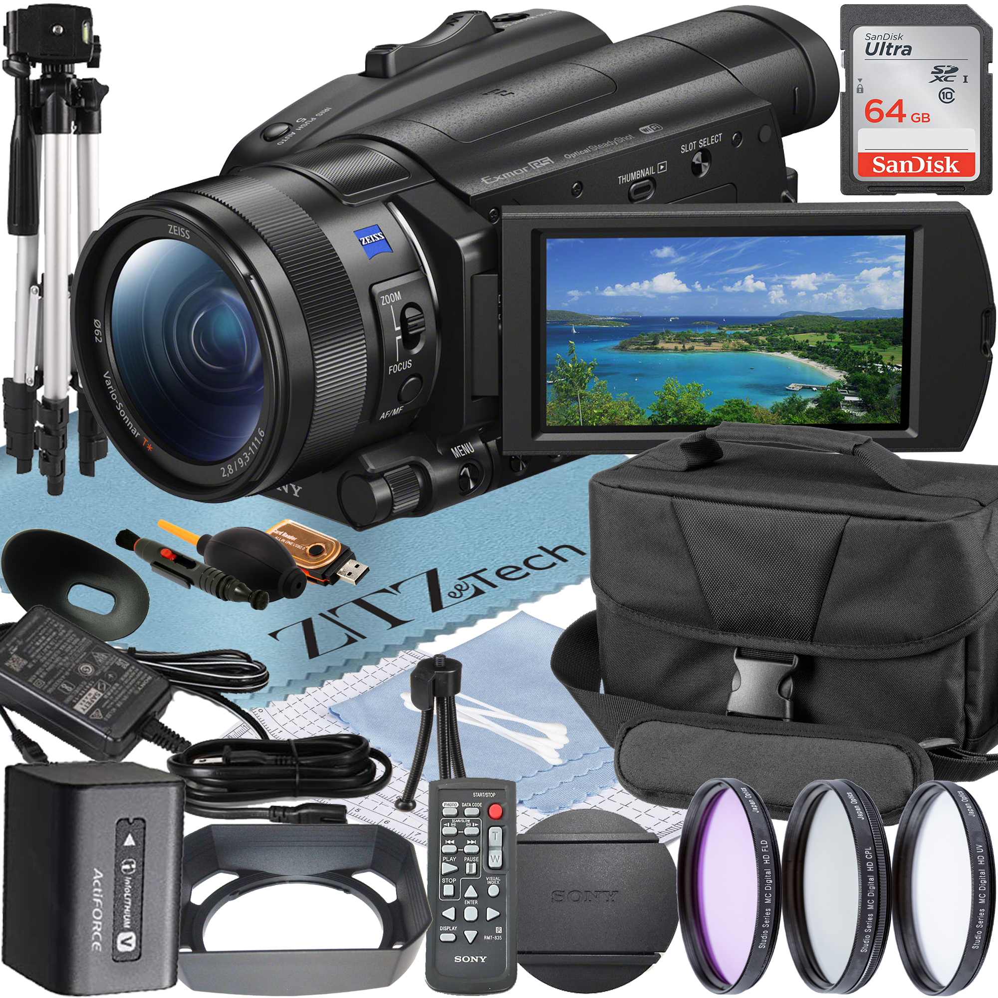 Sony FDR-AX700 4K HDR Camcorder with 64GB SanDisk Memory Card + Filter Kits + Case + Tripod + ZeeTech Accessory Bundle