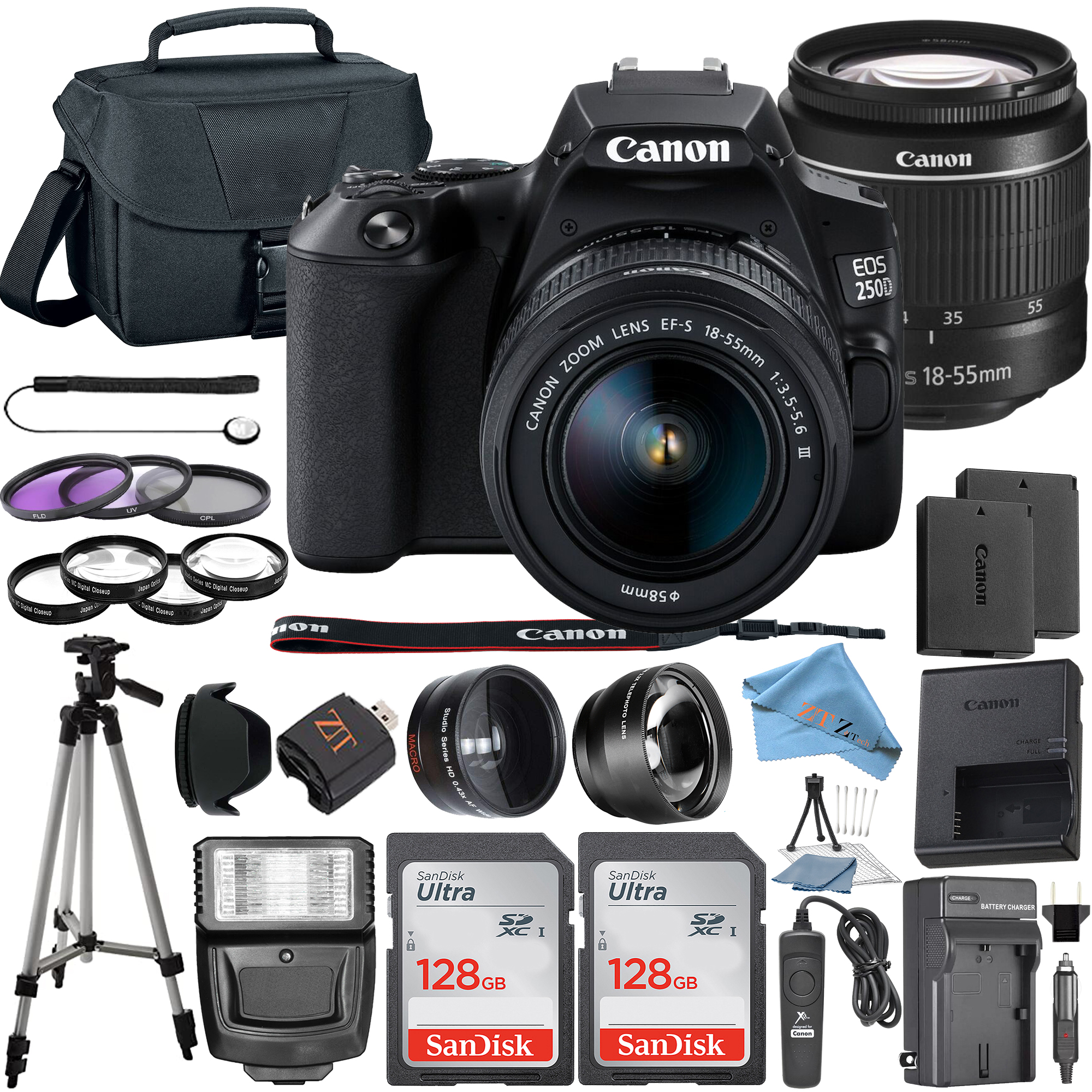 Canon EOS 250D / Rebel SL3 DSLR Camera with 18-55mm Lens + 2 Pcs SanDisk 128GB Memory + Tripod + Case + ZeeTech Kit