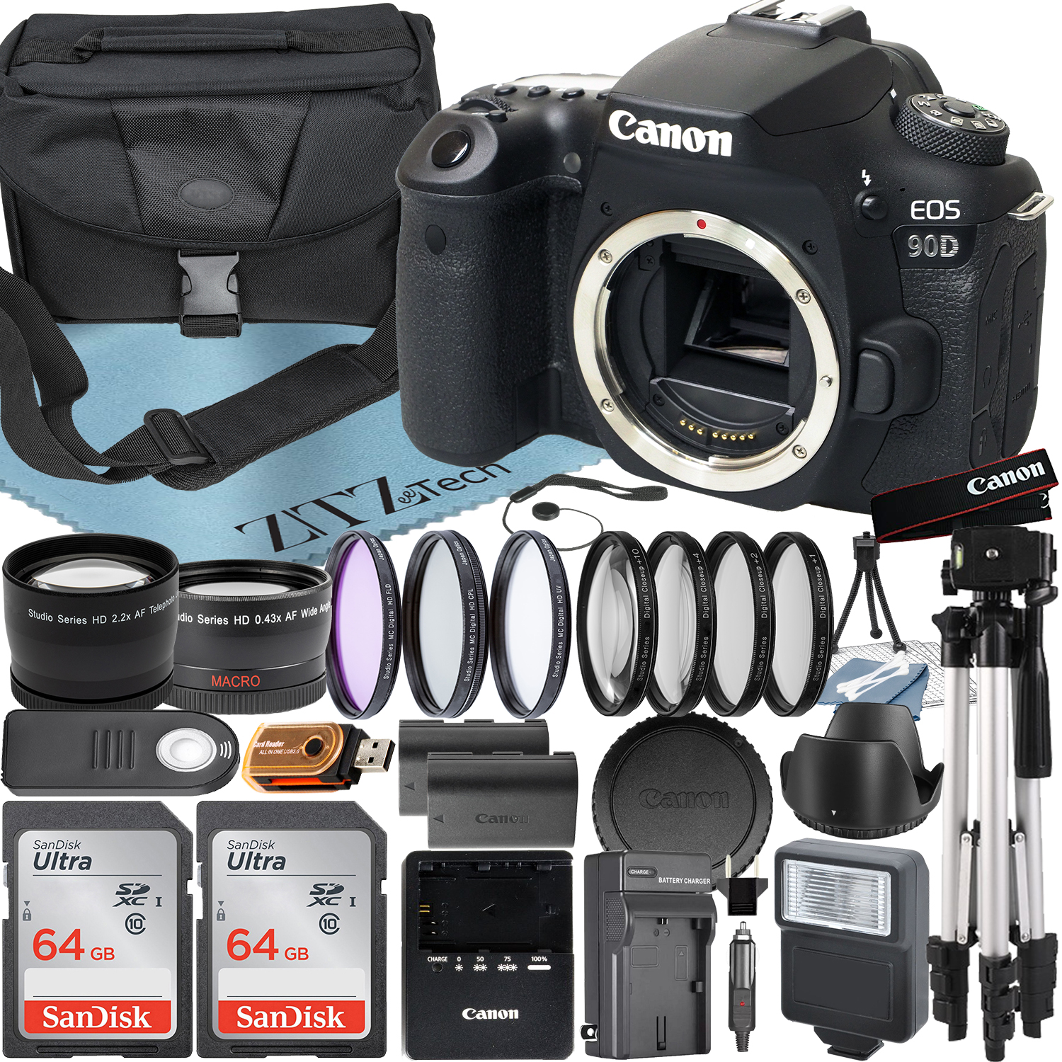 Canon EOS 90D DSLR Camera (Body Only) with 32.5MP CMOS Sensor + SanDisk 64GB Card + Case + Telephoto + Tripod + ZeeTech Accessory Bundle