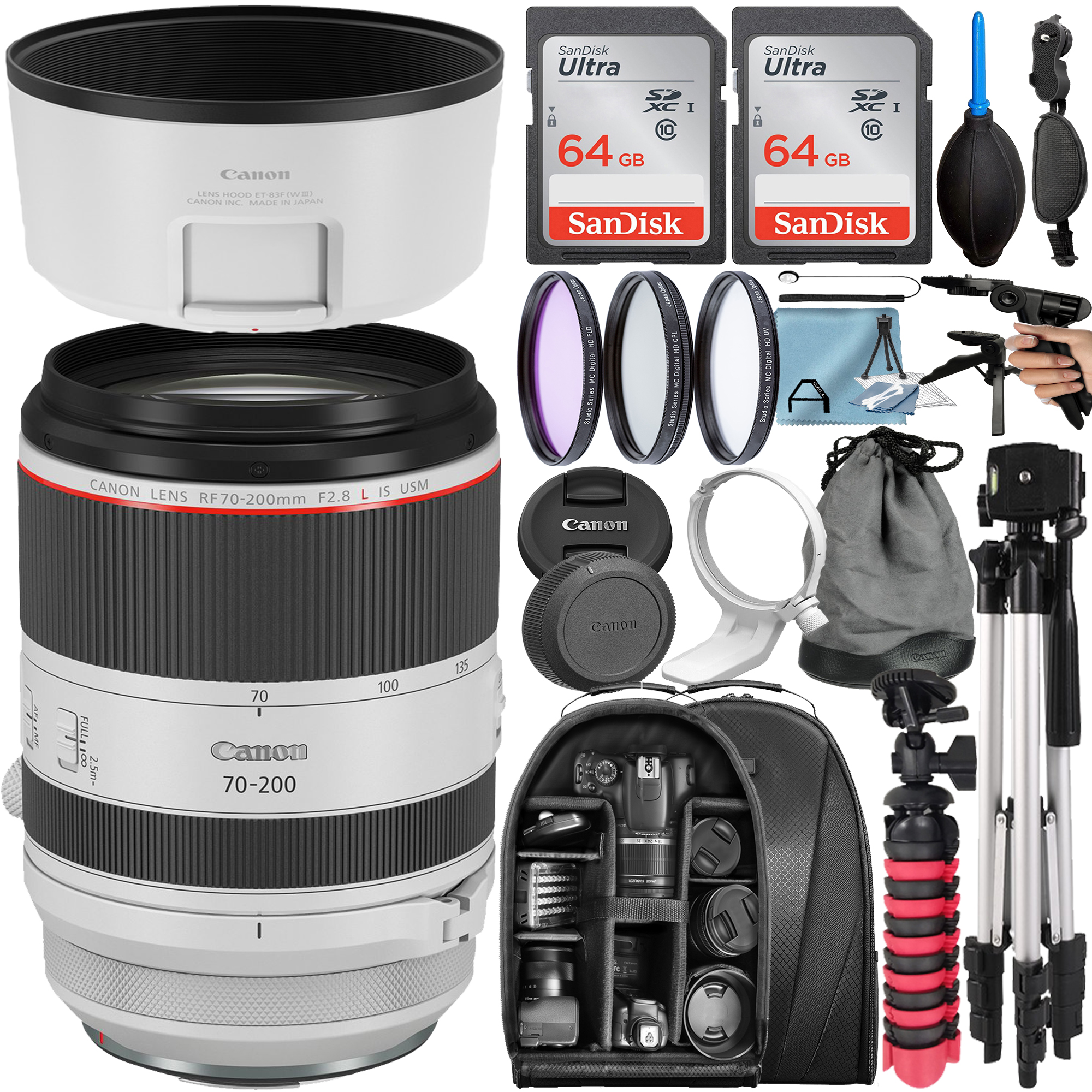 Canon RF 70-200mm F/2.8 L IS USM Telephoto Zoom Lens with 2 Pack 64GB SanDisk Memory Card + Tripod + Backpack + A-Cell Accessory Bundle