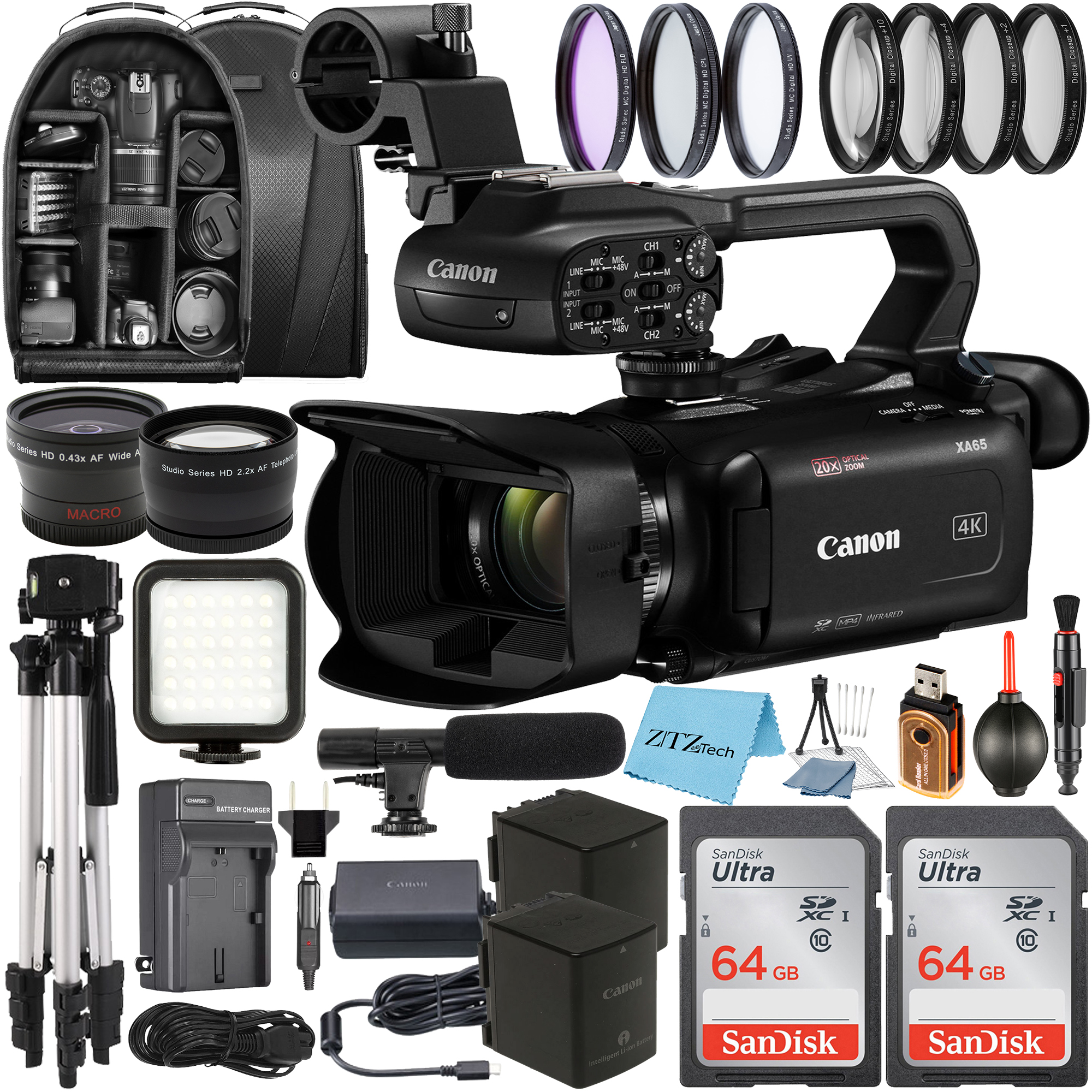 Canon XA65 Professional UHD 4K Camcorder with 2 Pack SanDisk 64GB Memory Card + Case + Tripod + Wideangle Lens + LED Flash + Microphone + Filter Kit + ZeeTech Accessory Bundle