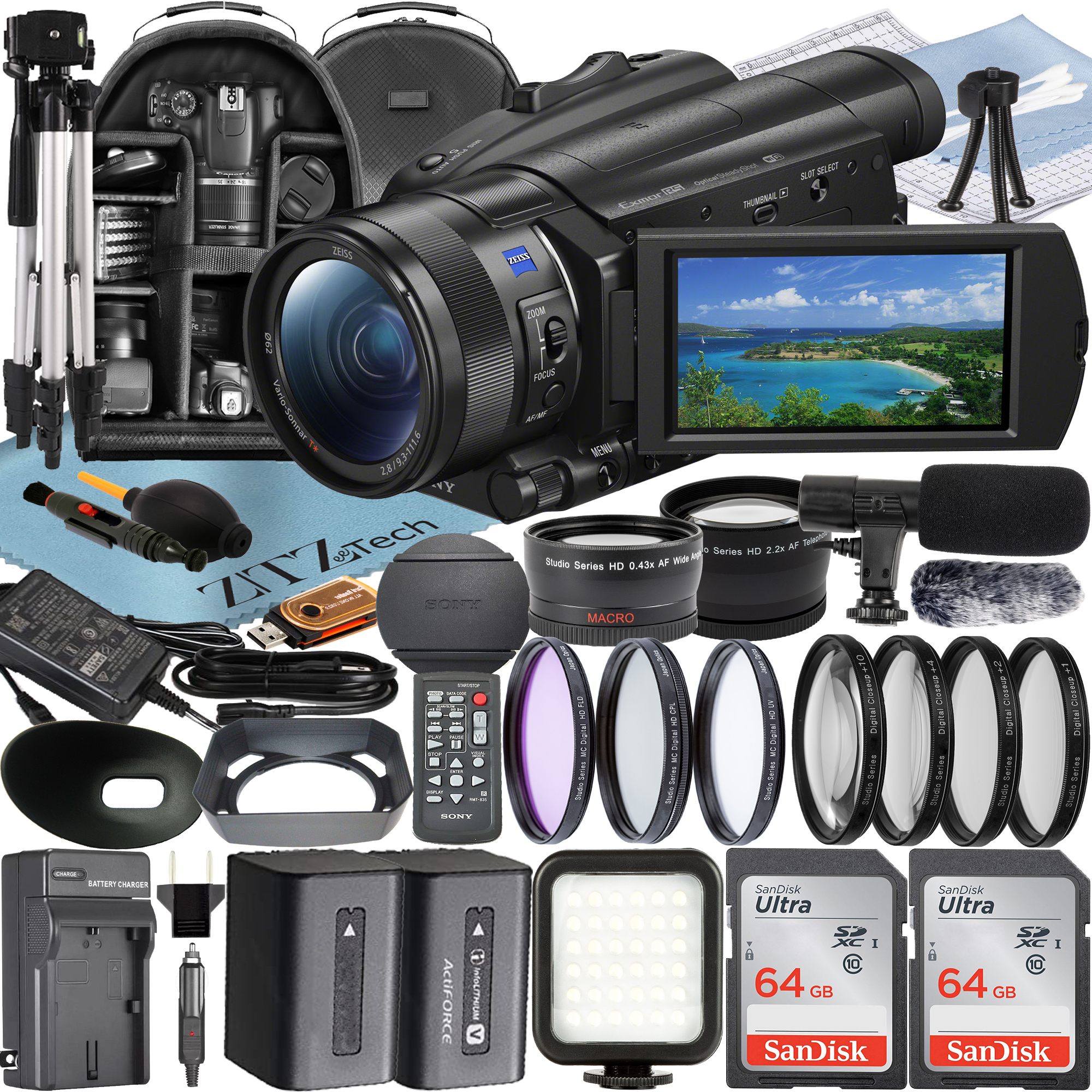 Sony FDR-AX700 4K HDR Camcorder with 2 Pack 64GB SanDisk Memory Card + LED Flash + Backpack + Wideangle Lens + ZeeTech Accessory Bundle