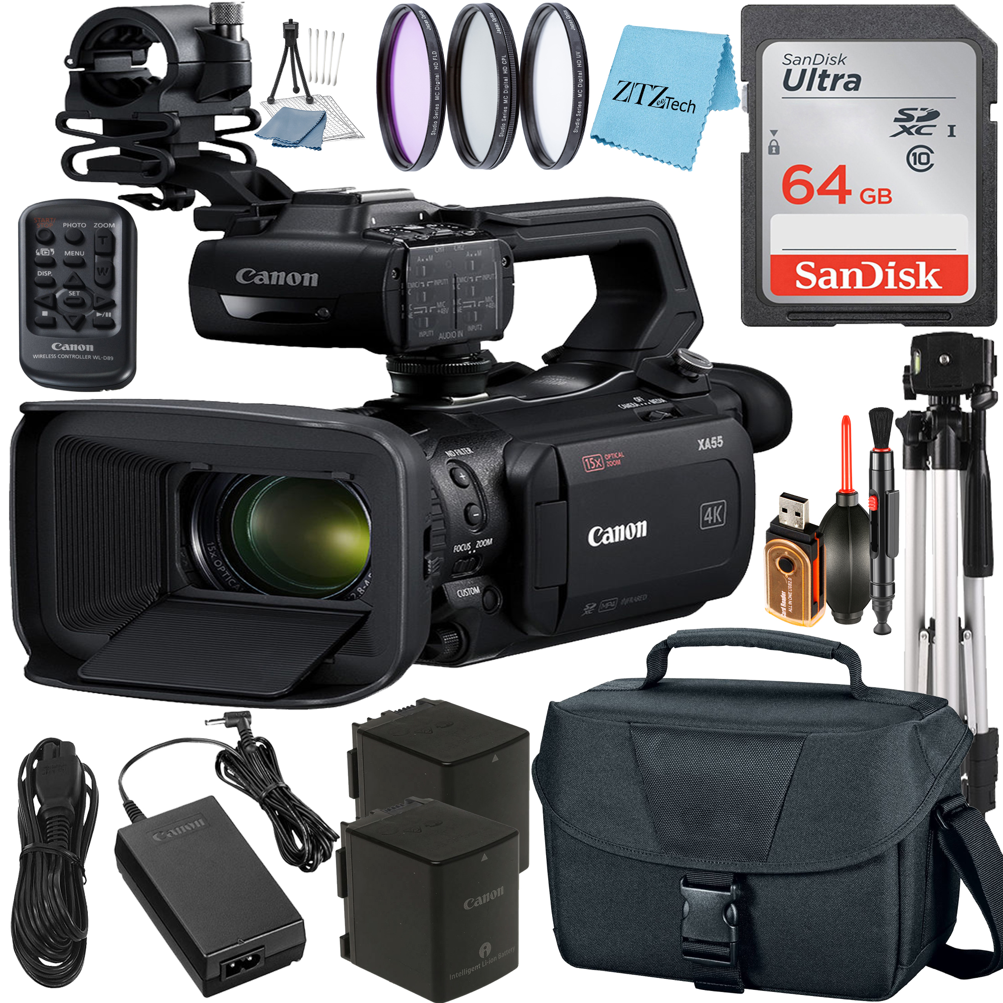 Canon XA55 UHD 4K30 Video Camcorder with 64GB SanDisk Card + Case + Tripod + 3 Pieces Filter + ZeeTech Accessory