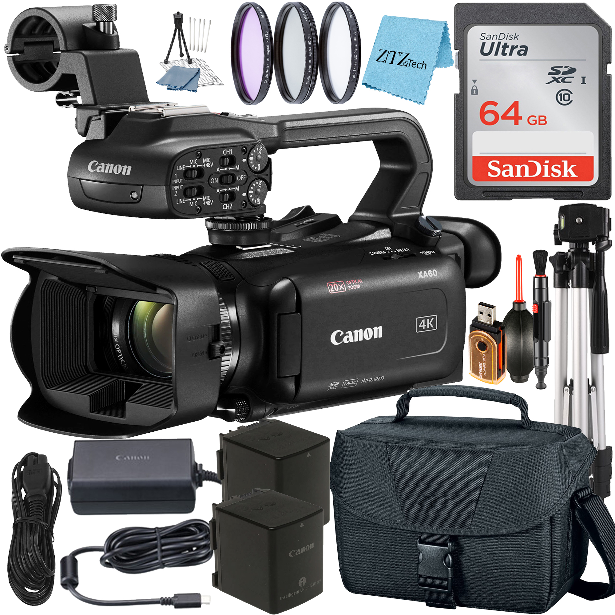 Canon XA60 Professional UHD 4K Camcorder with SanDisk 64GB Memory Card + Case + Tripod + 3 Pieces Filter + ZeeTech Accessory Bundle