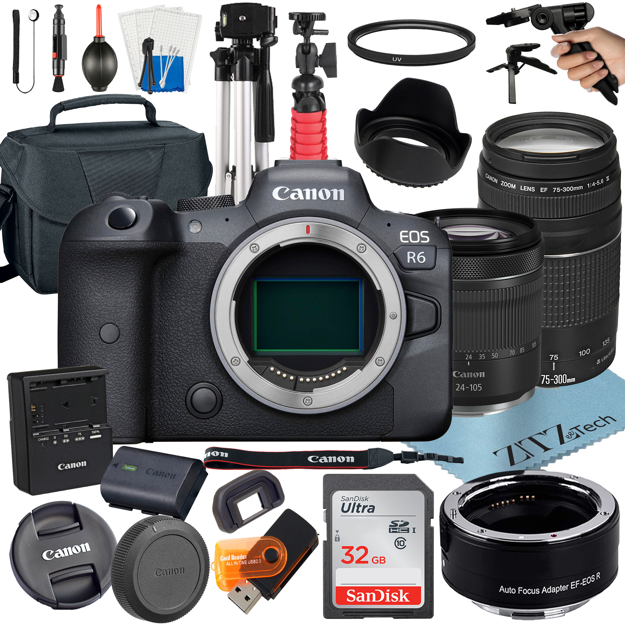 Canon EOS R6 Mirrorless Camera with RF 24-105mm STM + 75-300mm Lens + Mount Adapter + 32GB SanDisk + ZeeTech Accessory