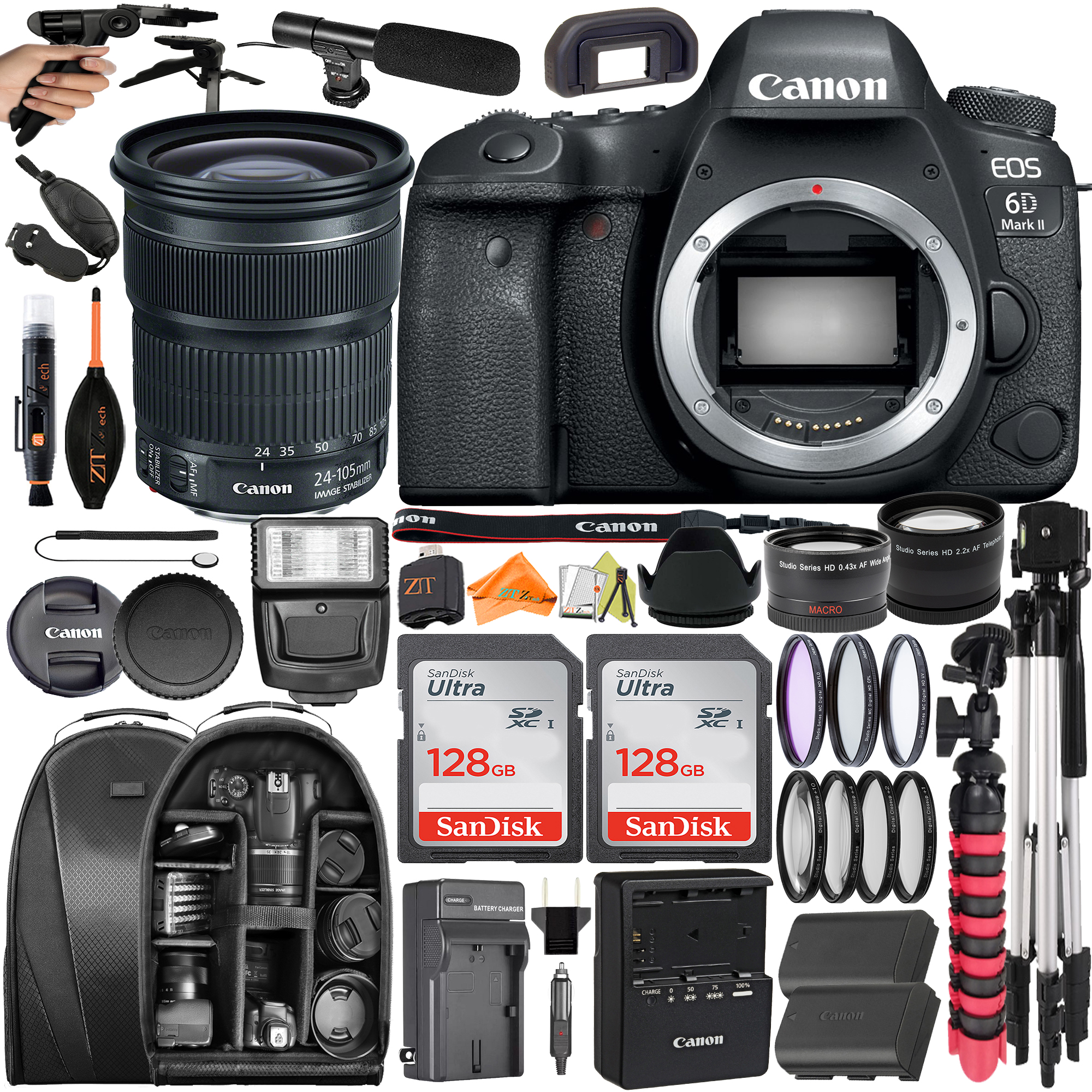 Canon EOS 6D Mark II DSLR Camera with 24-105mm Lens + SanDisk 128GB + Backpack Case + Telephoto + ZeeTech Accessory Bundle