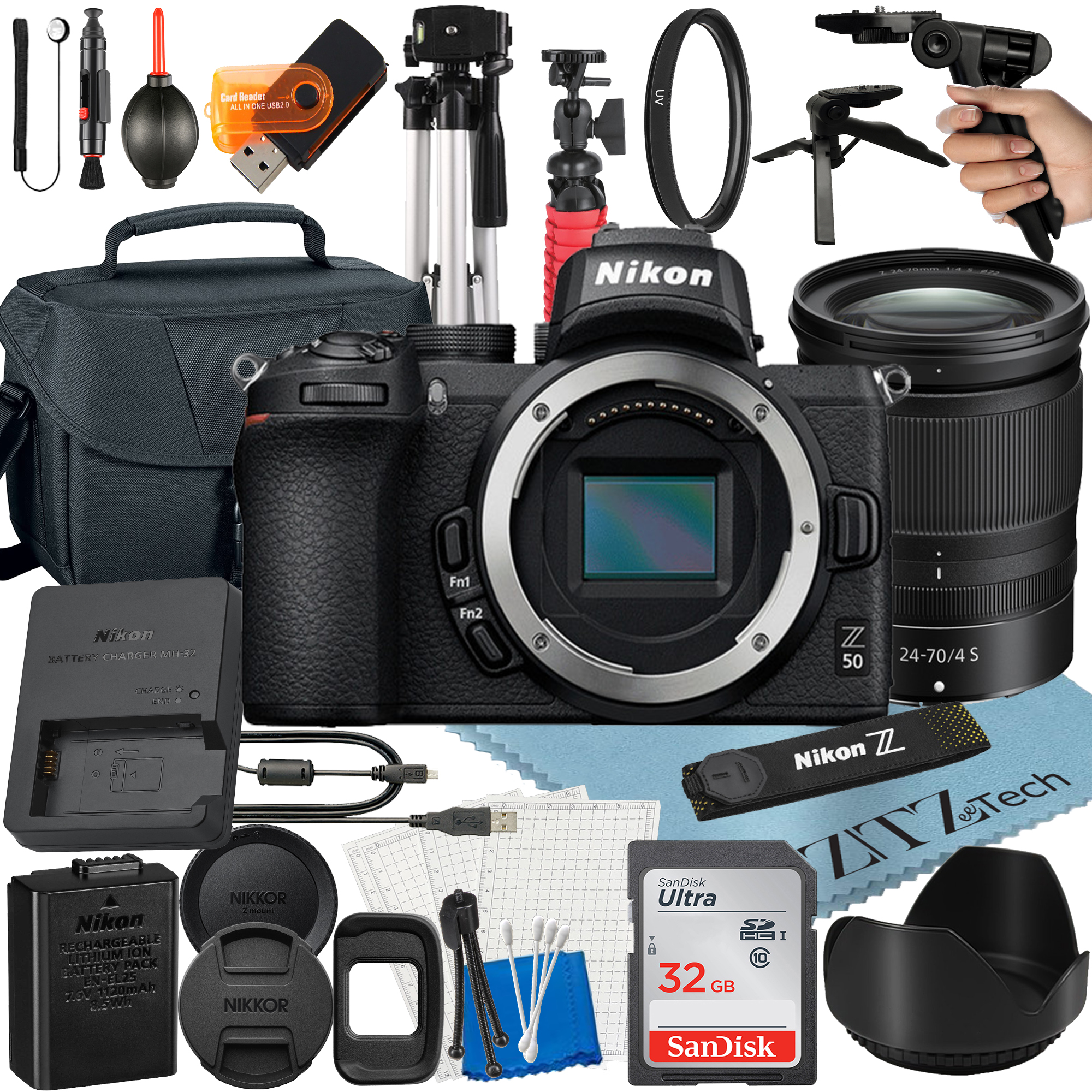 Nikon Z50 Mirrorless Camera Bundle with NIKKOR Z 24-70mm f/4 S Lens + 32GB SanDisk Card + Case + Tripod + ZeeTech Accessory