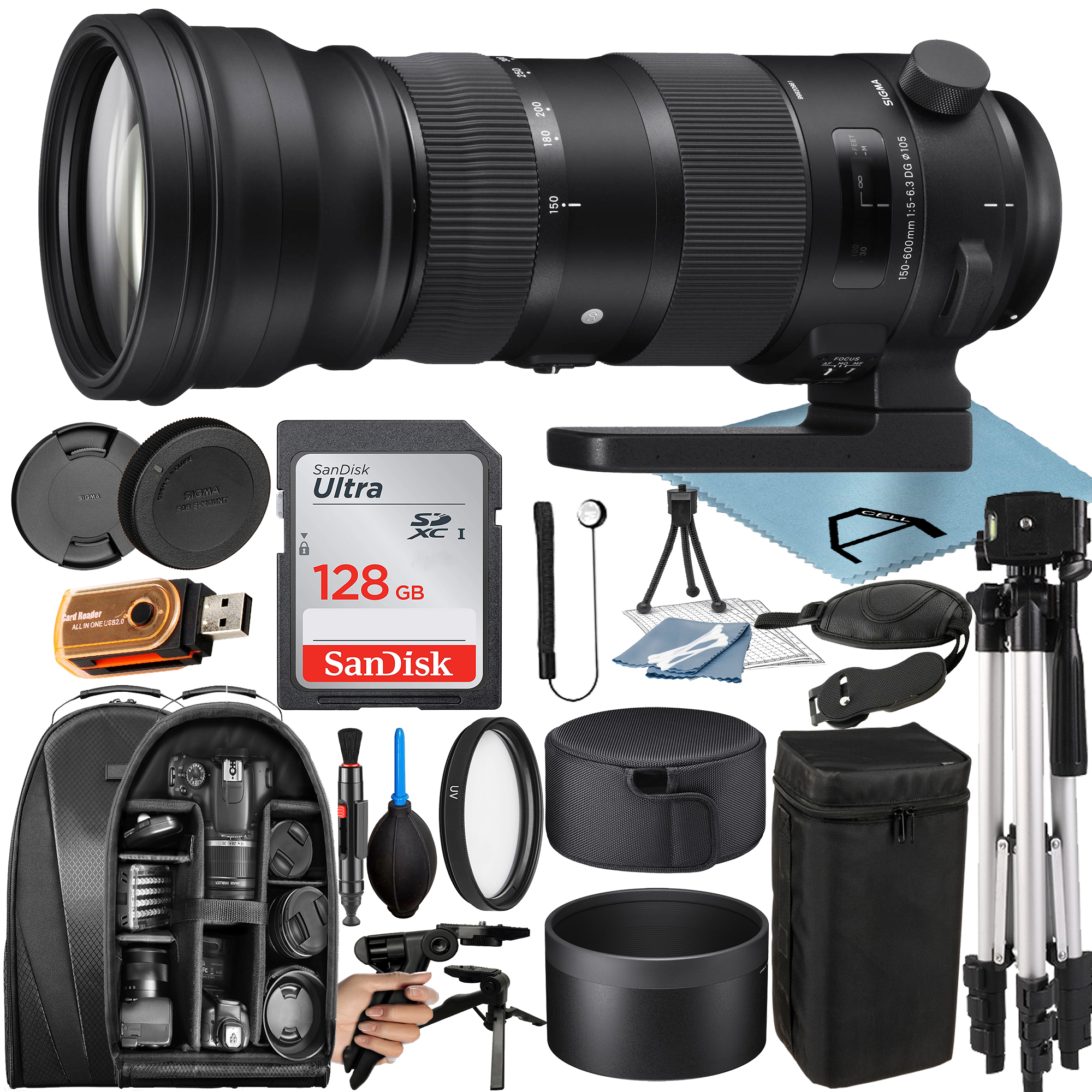 Sigma 150-600mm F/5-6.3 DG OS HSM Sports Lens for Nikon F with 128GB SanDisk Memory Card + Tripod + Backpack + A-Cell Accessory Bundle