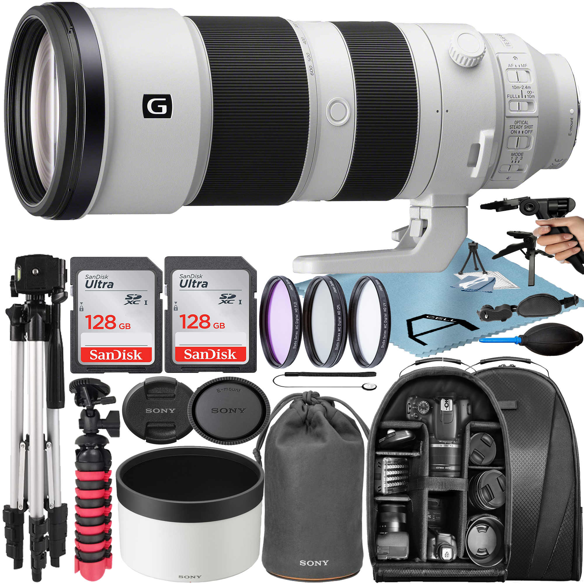 Sony FE 200-600mm F/5.6-6.3 G OSS Lens with 2 Pack 128GB SanDisk Memory Card + Tripod + Backpack + A-Cell Accessory Bundle