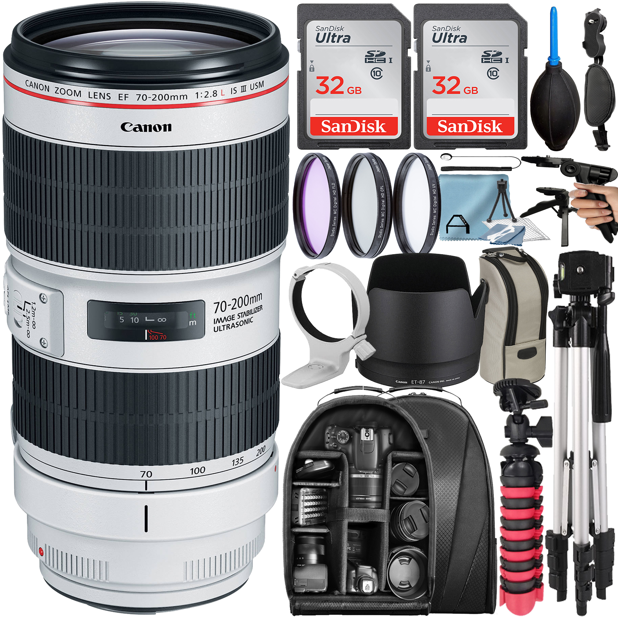 Canon EF 70-200mm f/2.8L IS III USM Lens with 2 Pack 32GB SanDisk Memory Card + Tripod + Backpack + A-Cell Accessory Bundle