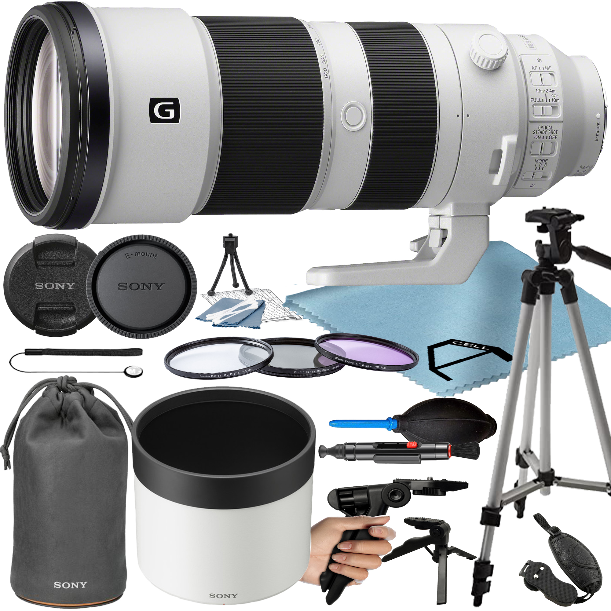 Sony FE 200-600mm f/5.6-6.3 G OSS Lens with Tripod + 3 Pieces Filter + A-Cell Accessory Bundle