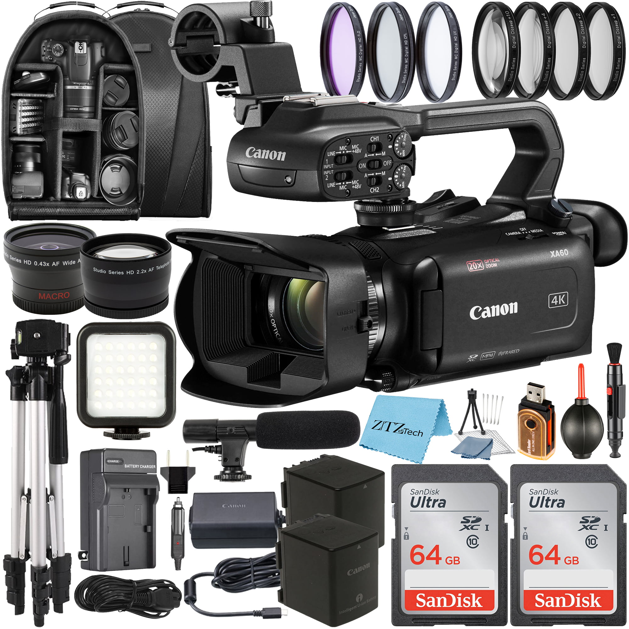 Canon XA60 Professional UHD 4K Camcorder with 2 Pack SanDisk 64GB Memory Card + Case + Tripod + Wideangle Lens + LED Flash + Microphone + Filter Kit + ZeeTech Accessory Bundle