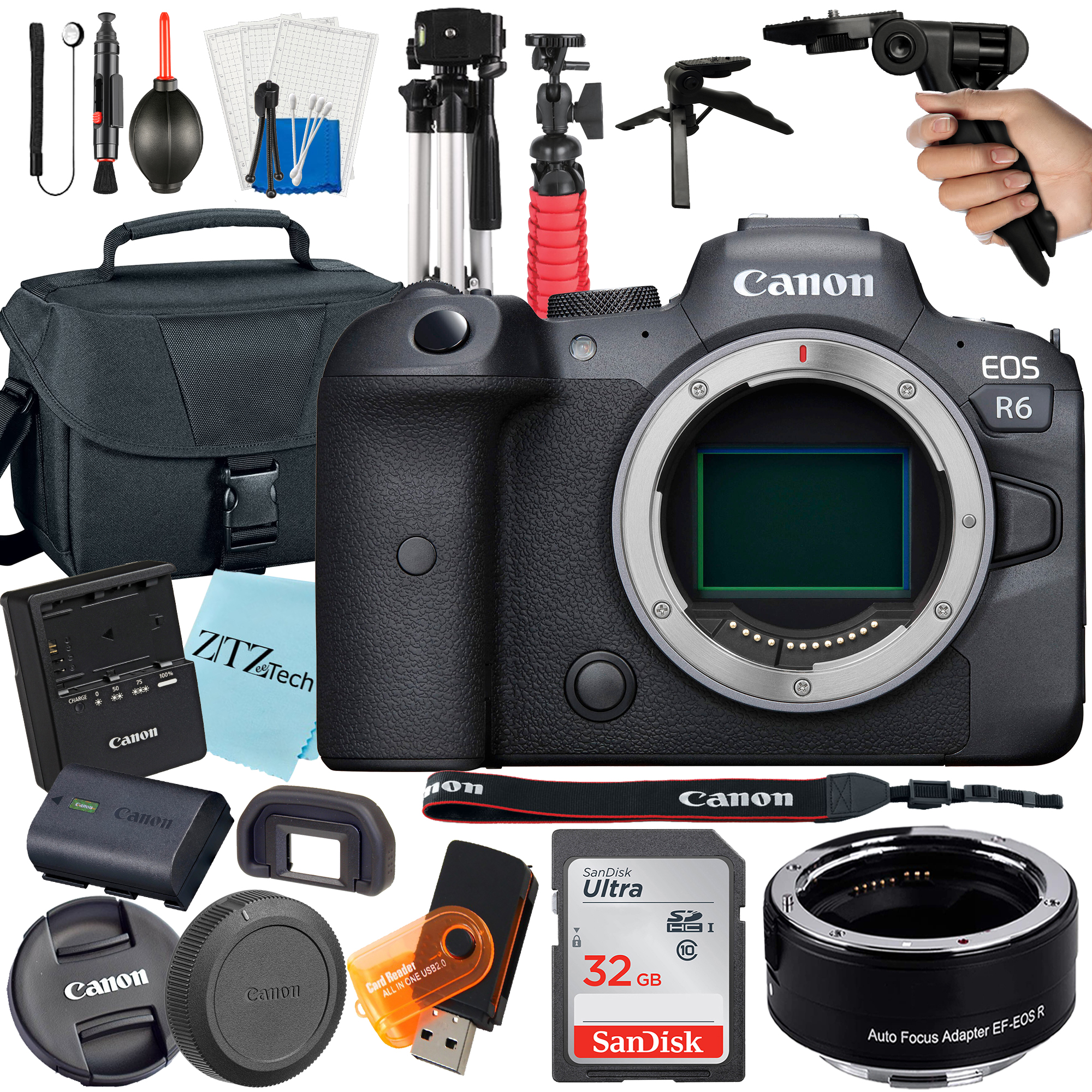 Canon EOS R6 Mirrorless Digital Camera (Body Only) with EF Mount Adapter + 32GB SanDisk + Case + ZeeTech Accessory