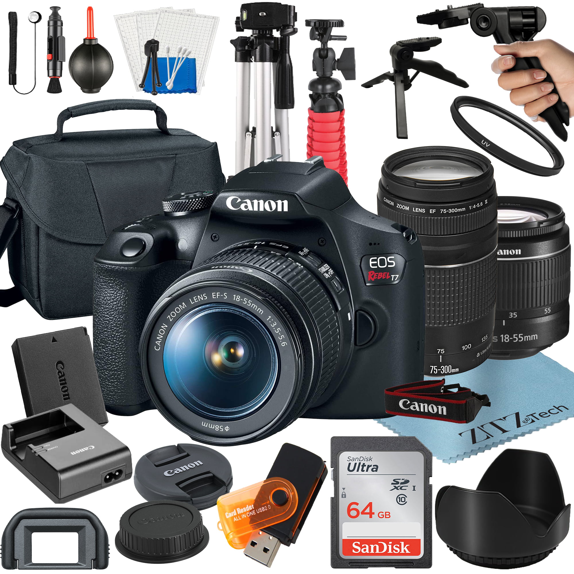 Canon EOS Rebel T7 DSLR Camera Bundle with 18-55mm + 75-300mm Lens + 64GB SanDisk Card + Case + Tripod + ZeeTech Accessory