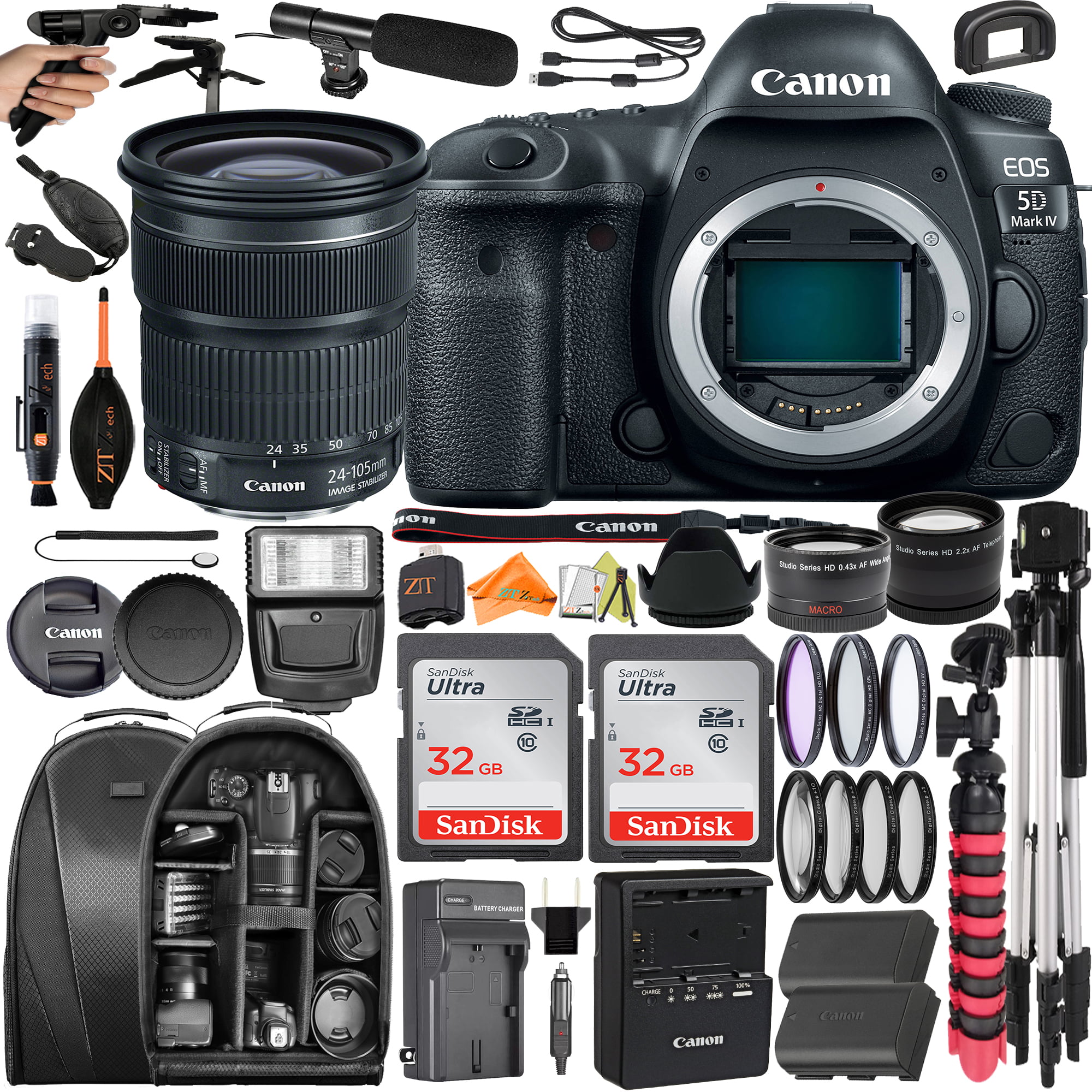 Canon EOS 5D Mark IV DSLR Camera with 24-105mm Lens + SanDisk 32GB + Backpack Case + Telephoto + ZeeTech Accessory Bundle