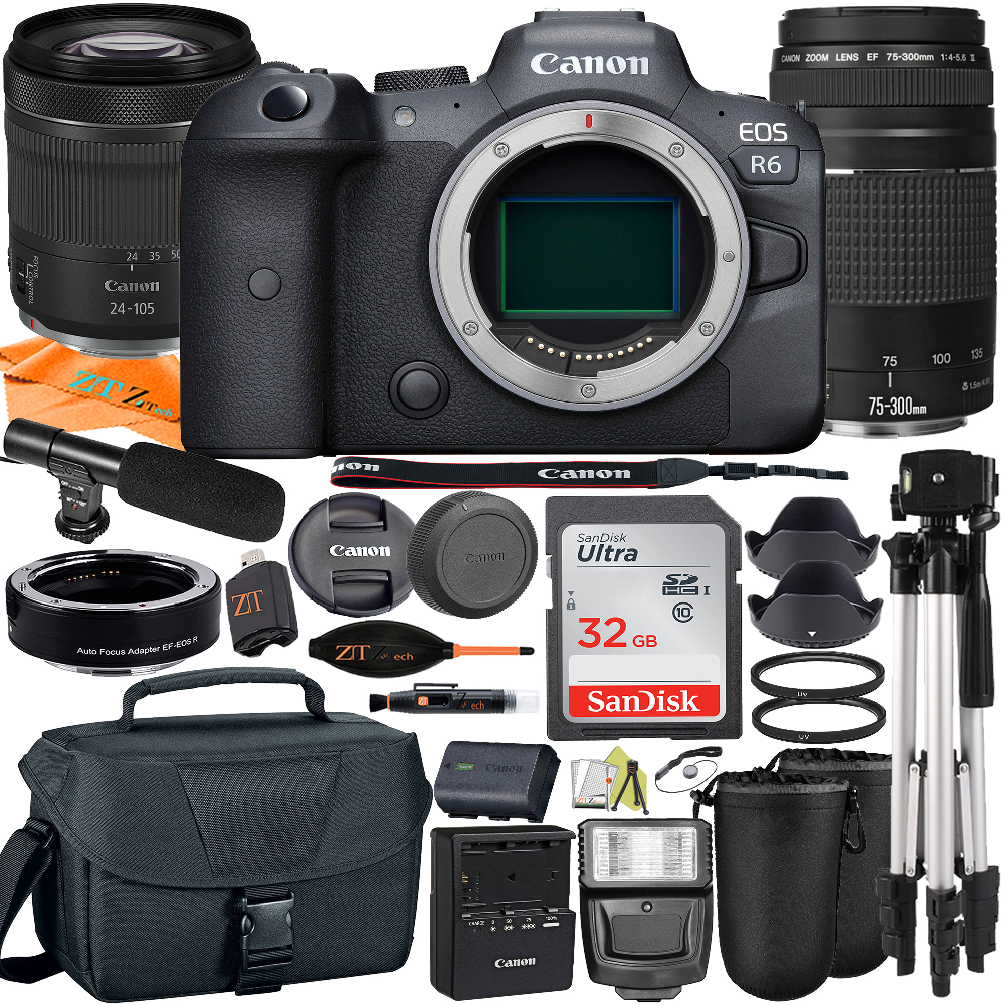 Canon EOS R6 Mirrorless Digital Camera with RF 24-105mm STM + 75-300mm Lens + Mount Adapter + SanDisk 32GB + ZeeTech Accessory