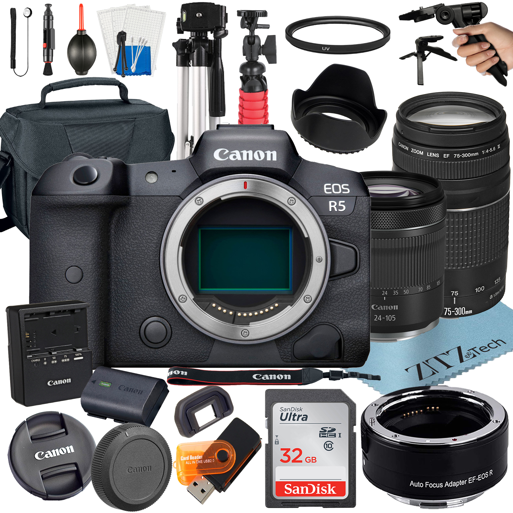 Canon EOS R5 Mirrorless Camera with RF 24-105mm STM + 75-300mm Lens + Mount Adapter + 32GB SanDisk + ZeeTech Accessory