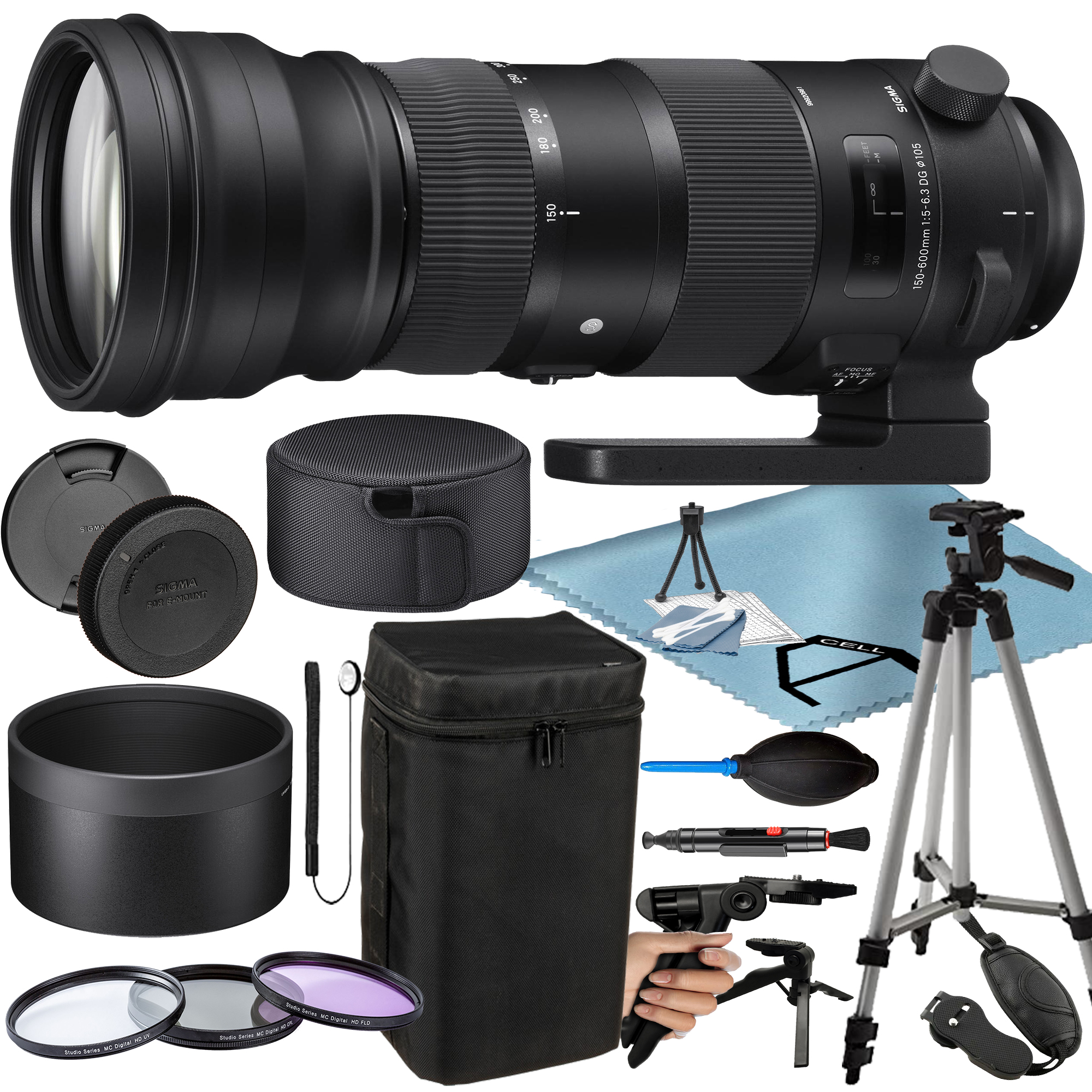 Sigma 150-600mm F/5-6.3 DG OS HSM Sports Lens for Canon EF with Tripod + 3 Pieces Filter + A-Cell Accessory Bundle