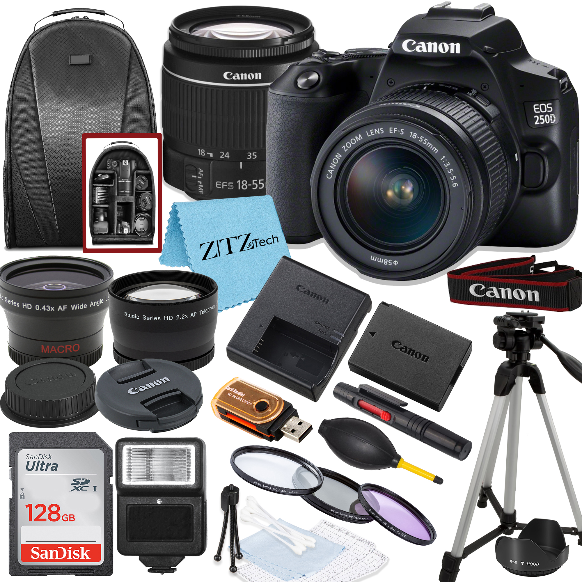 Canon EOS 250D / Rebel SL3 DSLR Camera with 18-55mm Lens, SanDisk 128GB Memory, Tripod, Backpack and ZeeTech Bundle