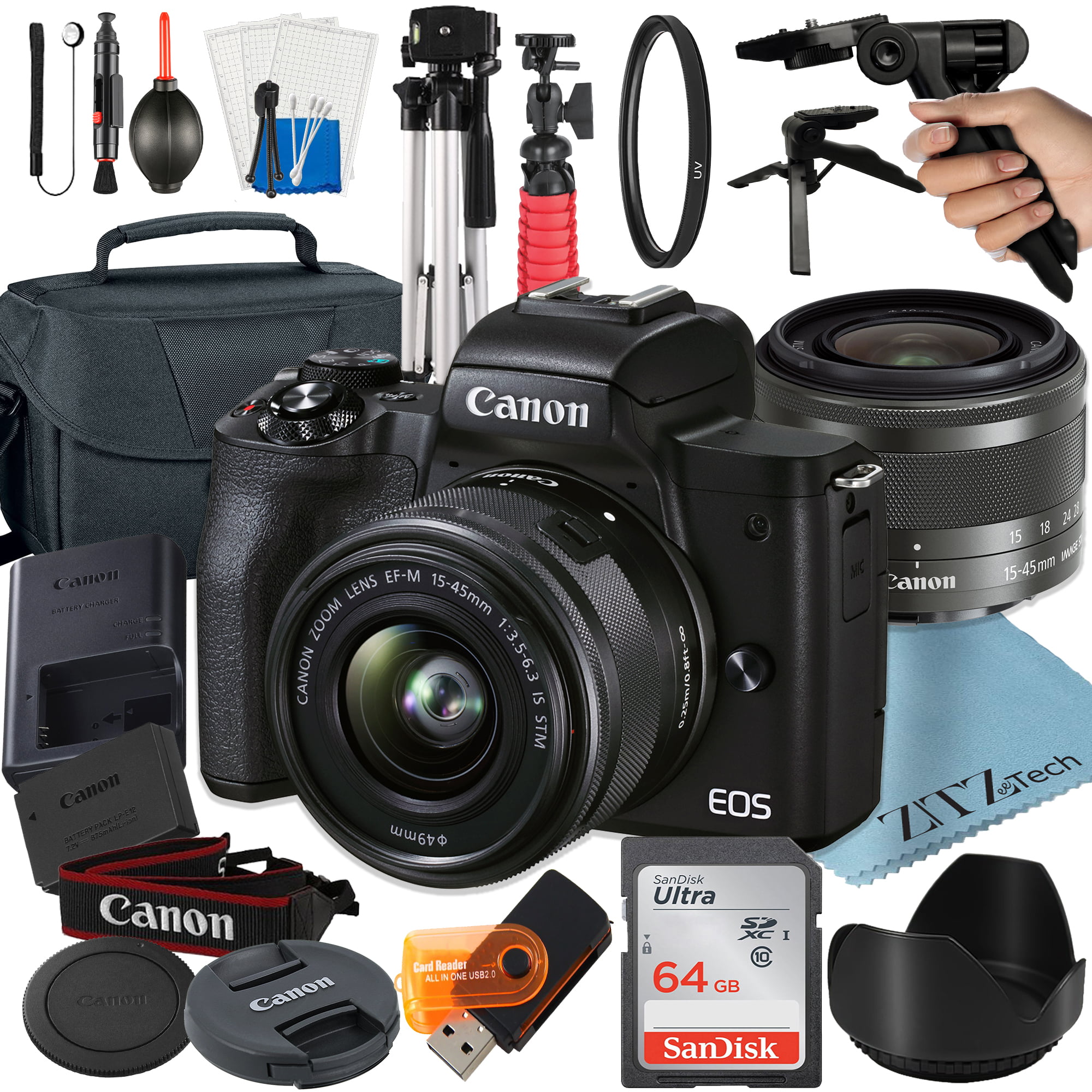 Canon EOS M50 Mark II Mirrorless Camera with 15-45mm Lens + 64GB SanDisk Card + Case + Tripod + ZeeTech Accessory