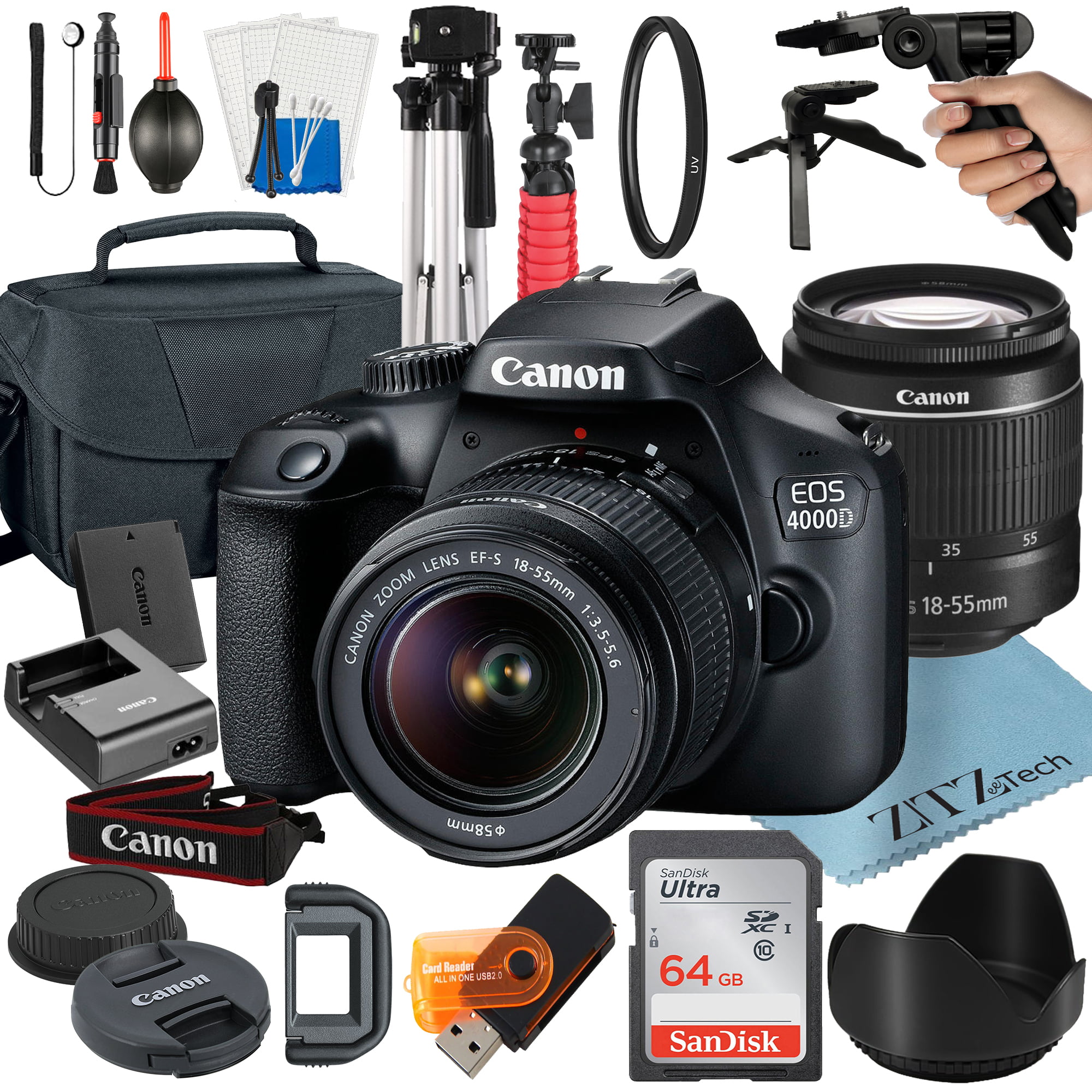 Canon EOS Rebel T100 / 4000D DSLR Camera Bundle with 18-55mm Zoom Lens + 64GB SanDisk Card + Case + Tripod + ZeeTech Accessory