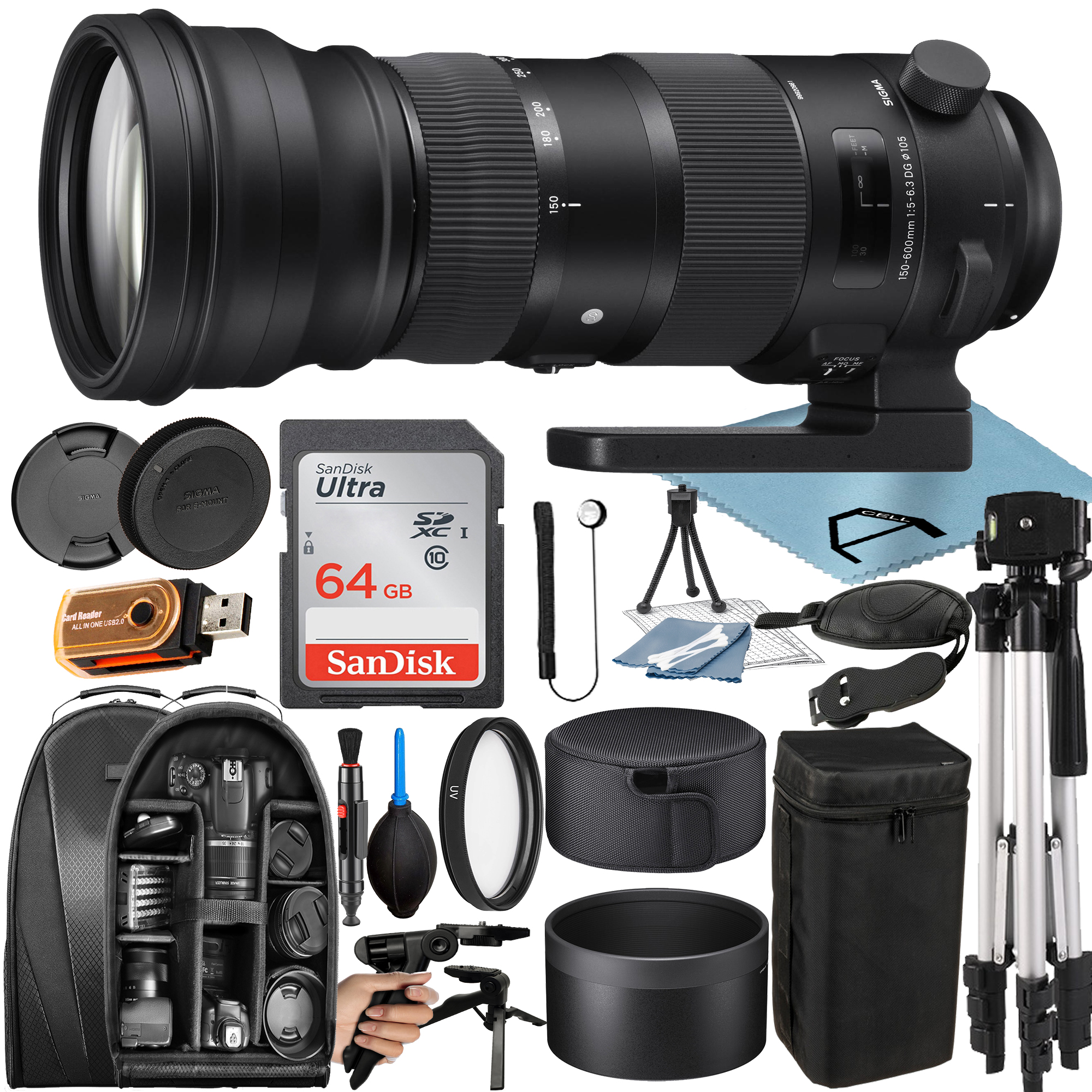 Sigma 150-600mm F/5-6.3 DG OS HSM Sports Lens for Nikon F with 64GB SanDisk Memory Card + Tripod + Backpack + A-Cell Accessory Bundle