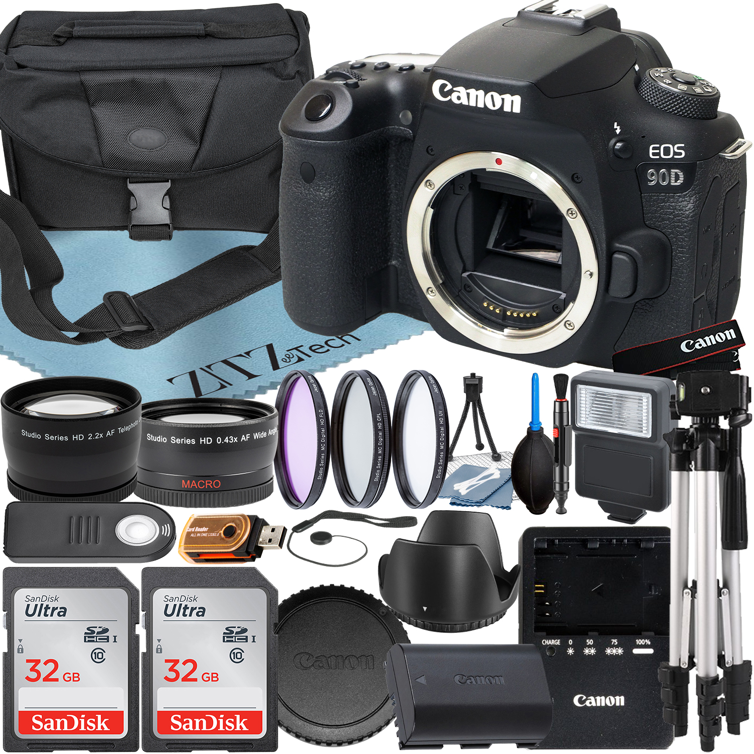 Canon EOS 90D DSLR Camera (Body Only) with 32.5MP CMOS Sensor + SanDisk 32GB Card + Case + Wideangle + Tripod + ZeeTech Accessory Bundle