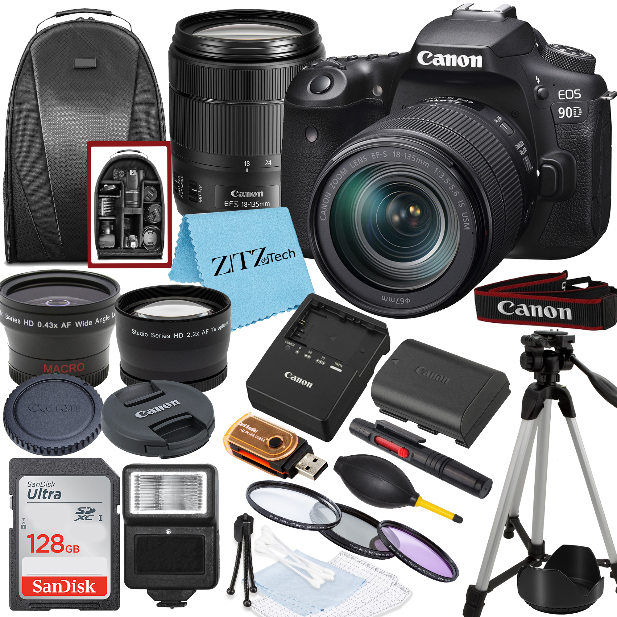 Canon EOS 90D DSLR Camera with 18-135mm Lens, SanDisk 128GB Memory Card, Backpack, Flash, Tripod and ZeeTech Accessory Bundle