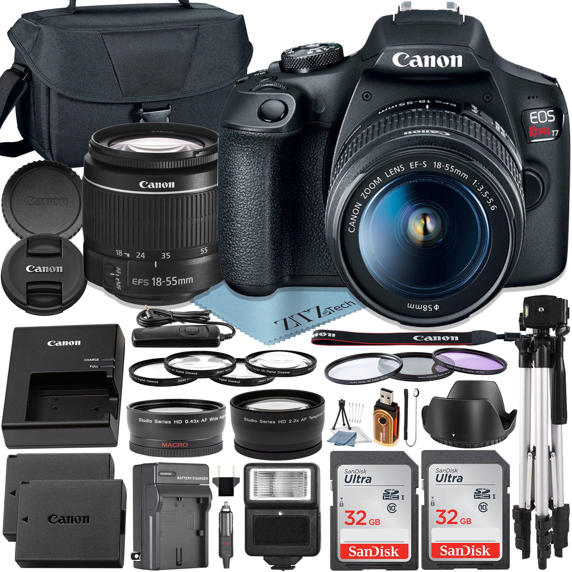 Canon EOS Rebel T7 DSLR Camera with EF-S 18-55mm Zoom Lens + 2 pcs SanDisk 32GB Memory Card + Case + Tripod + ZeeTech Accessory Bundle