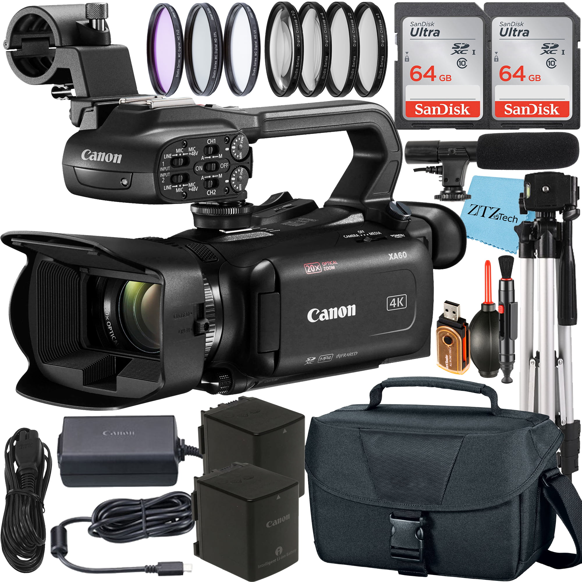 Canon XA60 Professional UHD 4K Camcorder with 2 Pack SanDisk 64GB Memory Card + Case + Tripod + Filter Kit + Microphone + ZeeTech Accessory Bundle