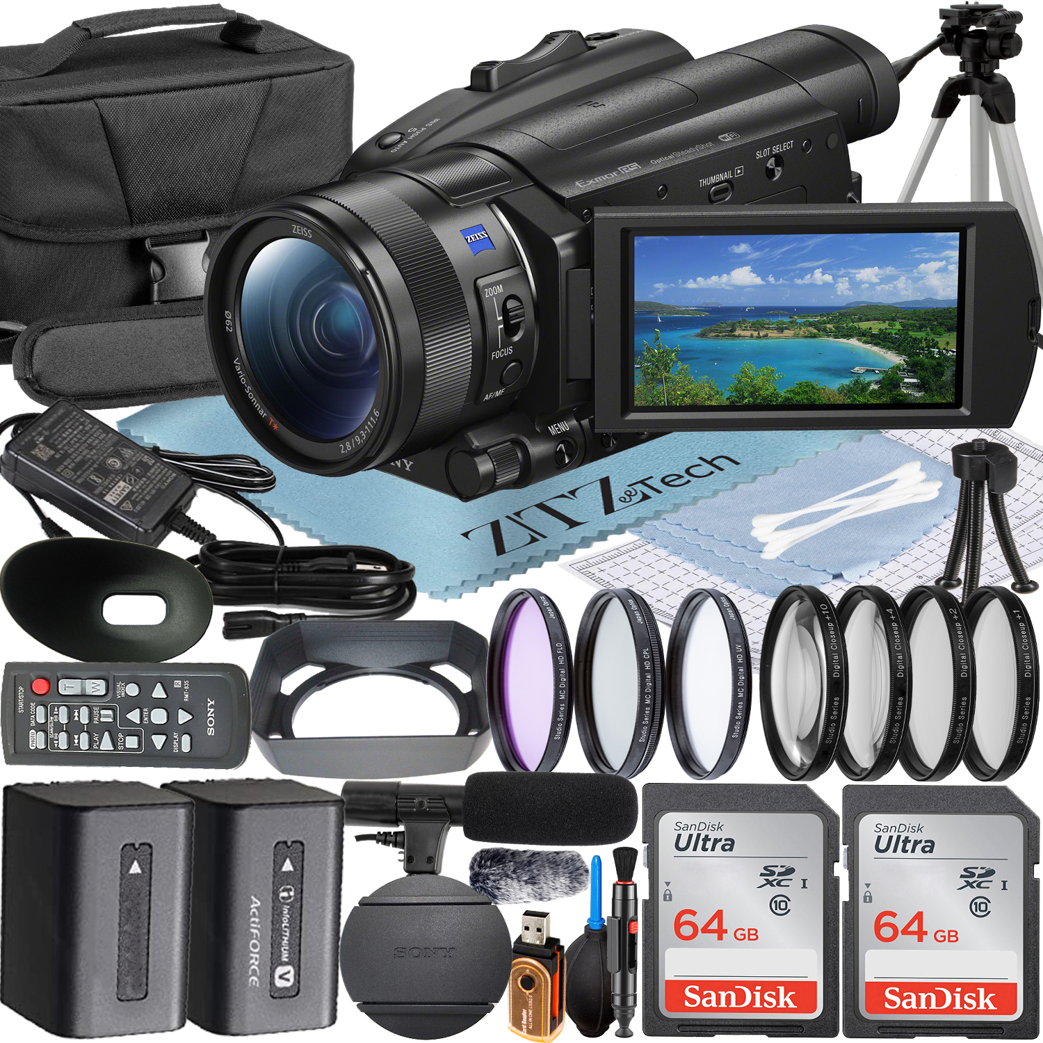 Sony FDR-AX700 4K HDR Camcorder with 2 Pack 64GB SanDisk Memory Card + Microphone + Case + Tripod + ZeeTech Accessory Bundle