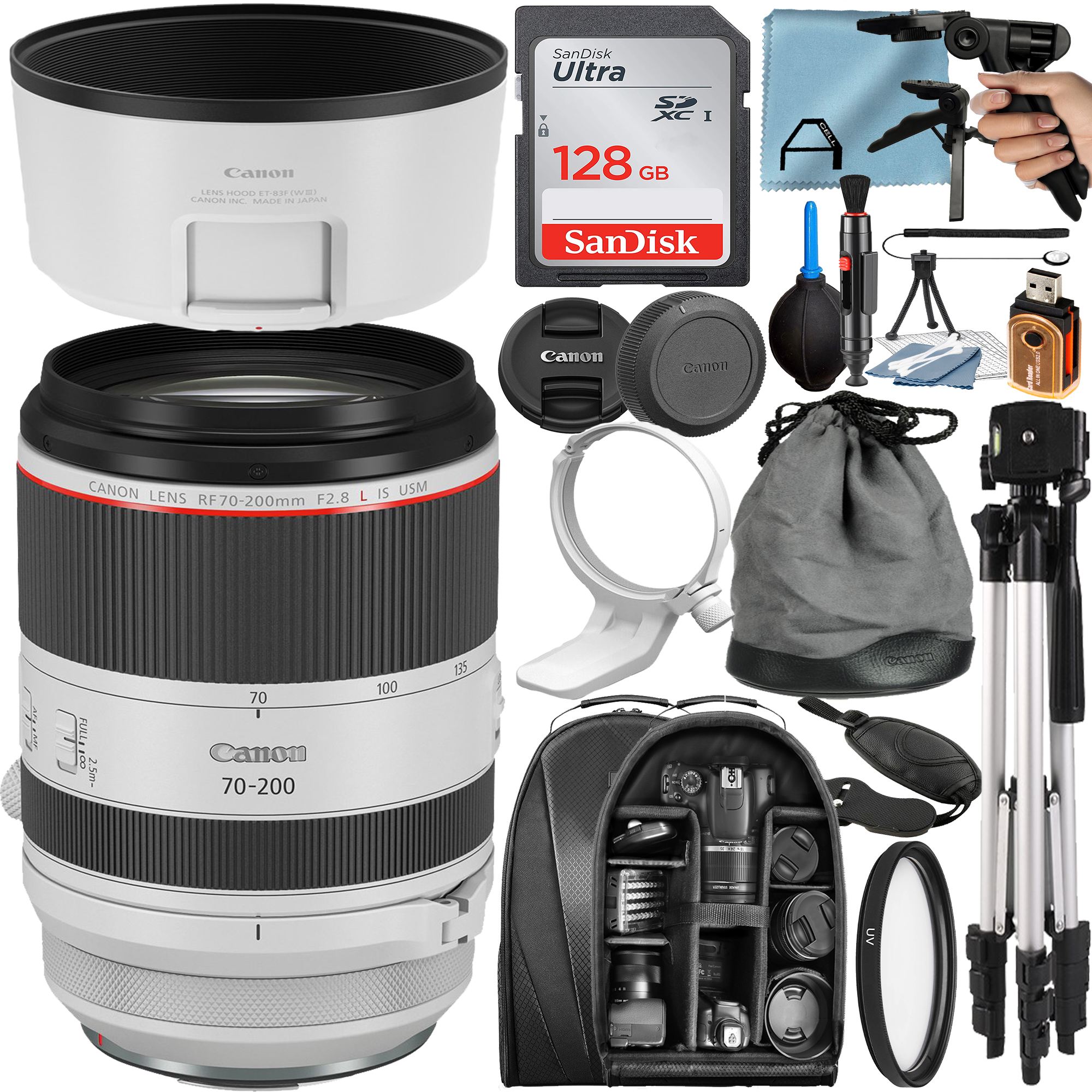 Canon RF 70-200mm F/2.8 L IS USM Telephoto Zoom Lens with 128GB SanDisk Memory Card + Tripod + Backpack + A-Cell Accessory Bundle
