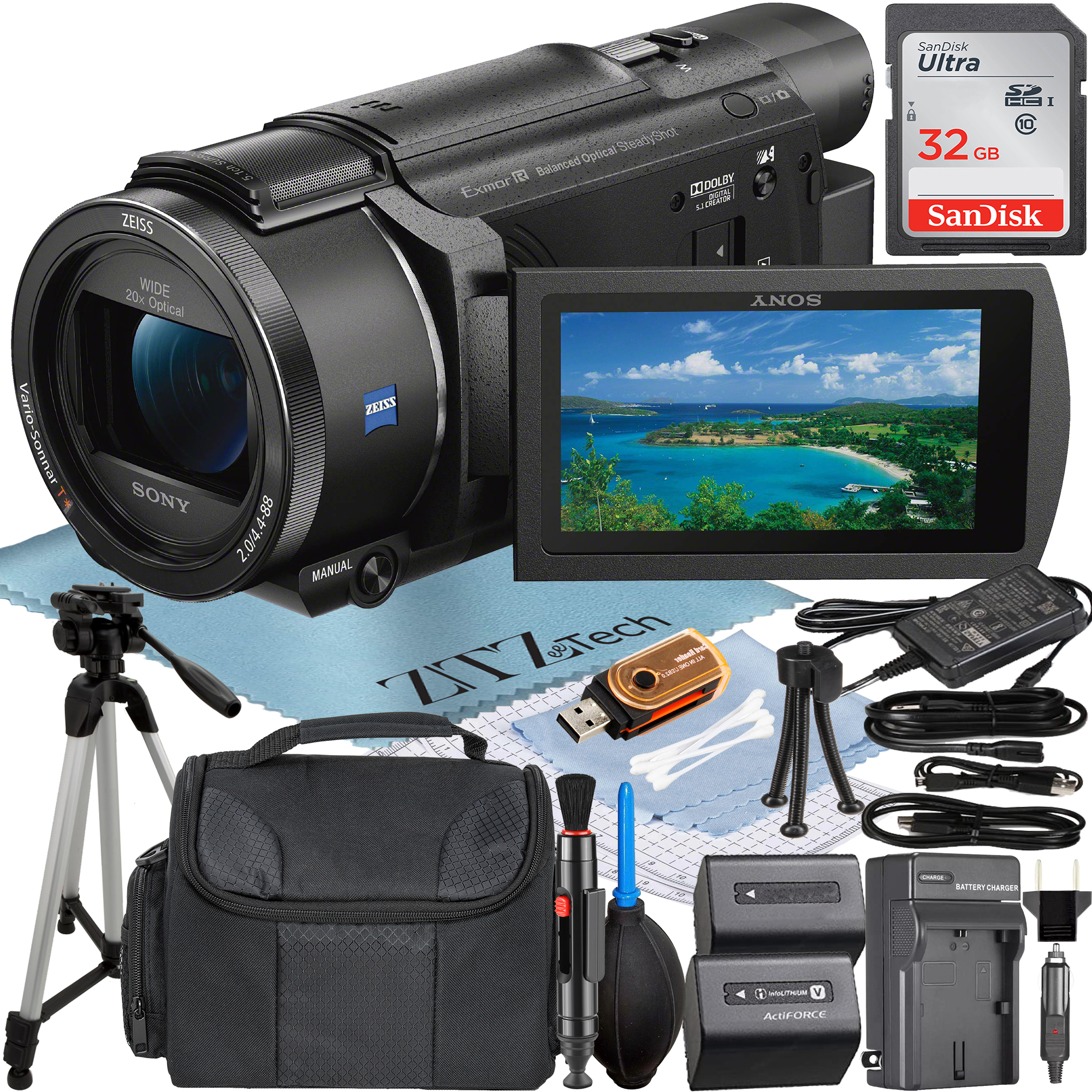 Sony FDR-AX53 4K Ultra HD Handycam Camcorder with 32GB SanDisk Memory Card + Charger + Case + Tripod + ZeeTech Accessory Bundle