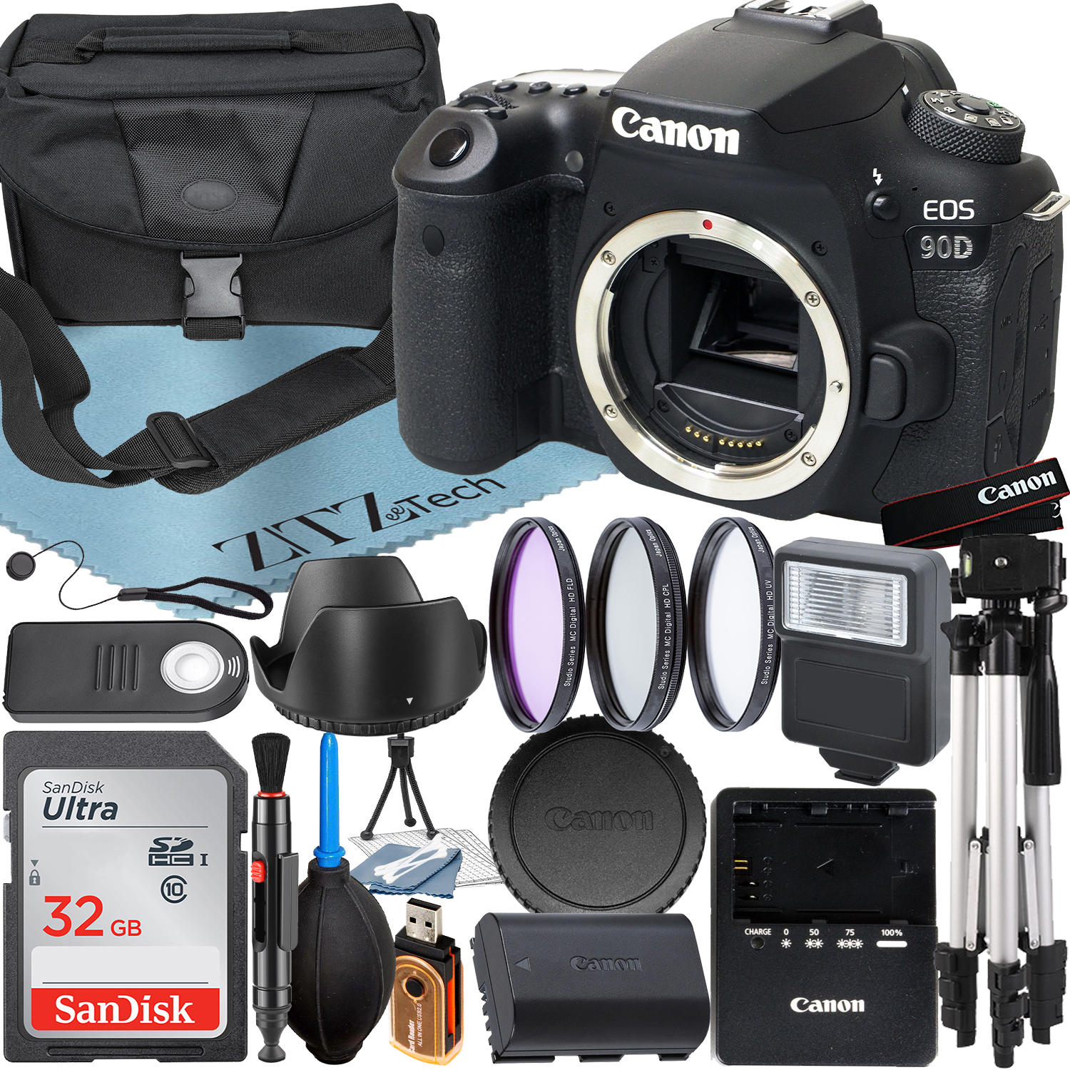 Canon EOS 90D DSLR Camera (Body Only) with 32.5MP CMOS Sensor + SanDisk 32GB Card + Case + 3 Pieces Filter + Flash + ZeeTech Accessory Bundle
