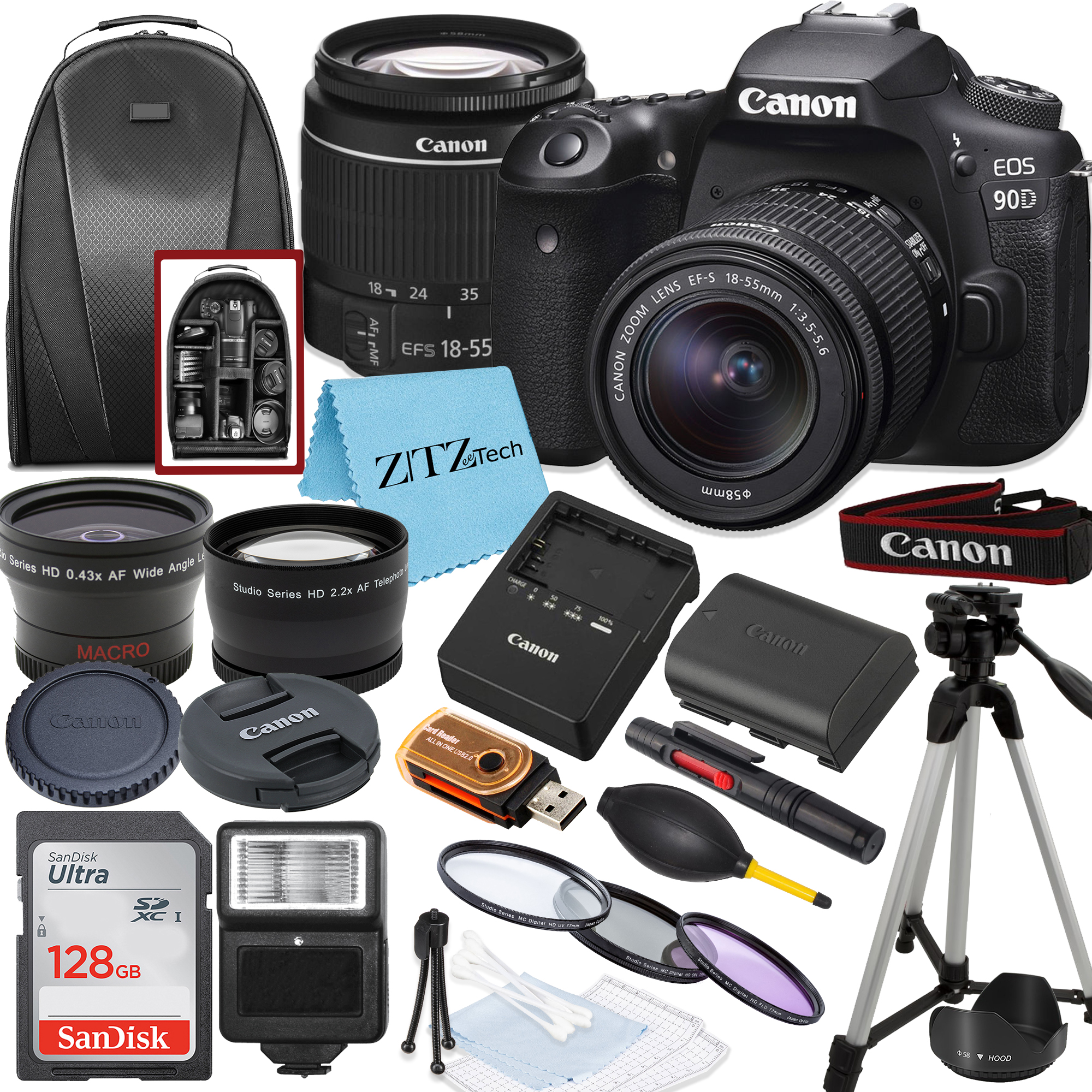 Canon EOS 90D DSLR Camera with 18-55mm Zoom Lens, SanDisk 128GB Memory Card, Backpack, Flash, Tripod and ZeeTech Accessory Bundle