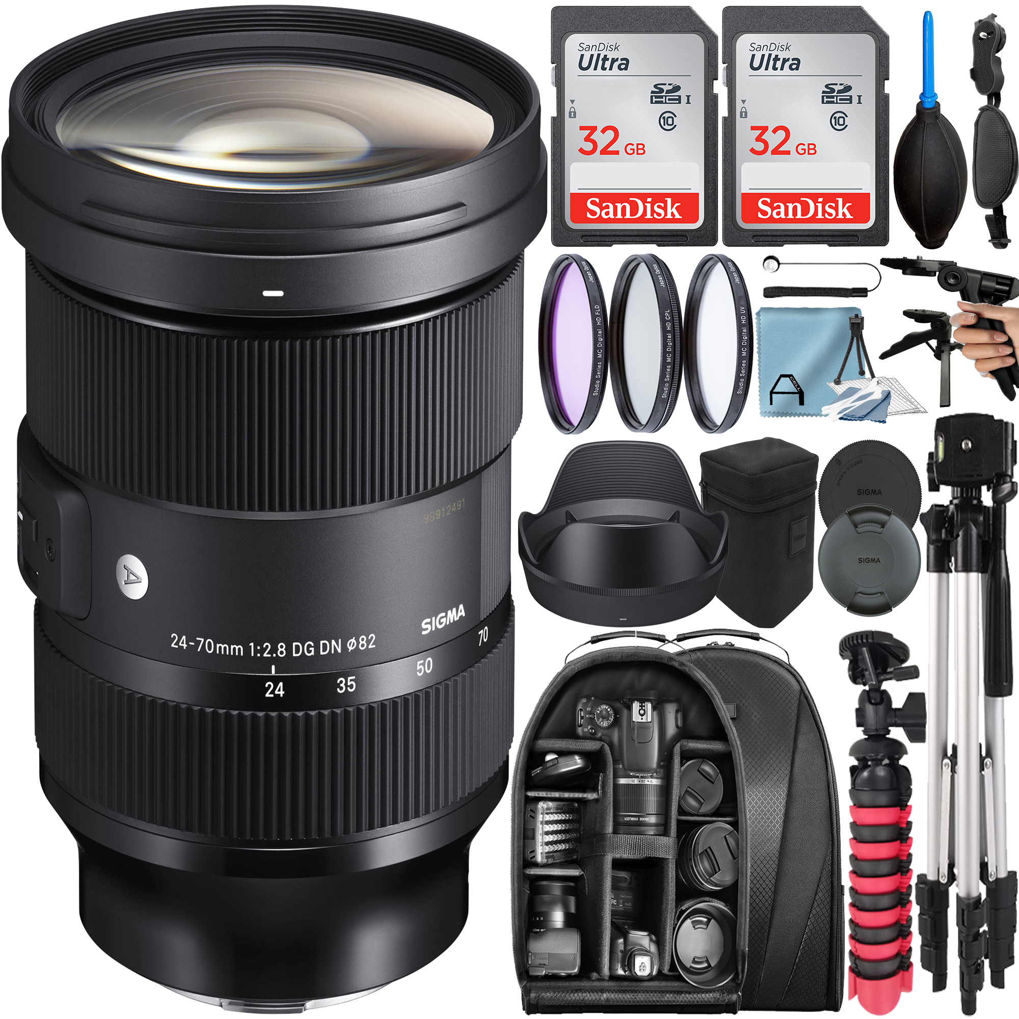 Sigma 24-70mm F/2.8 DG DN Art Lens for Sony E with 2 Pack 32GB SanDisk Memory Card + Tripod + Backpack + A-Cell Accessory Bundle